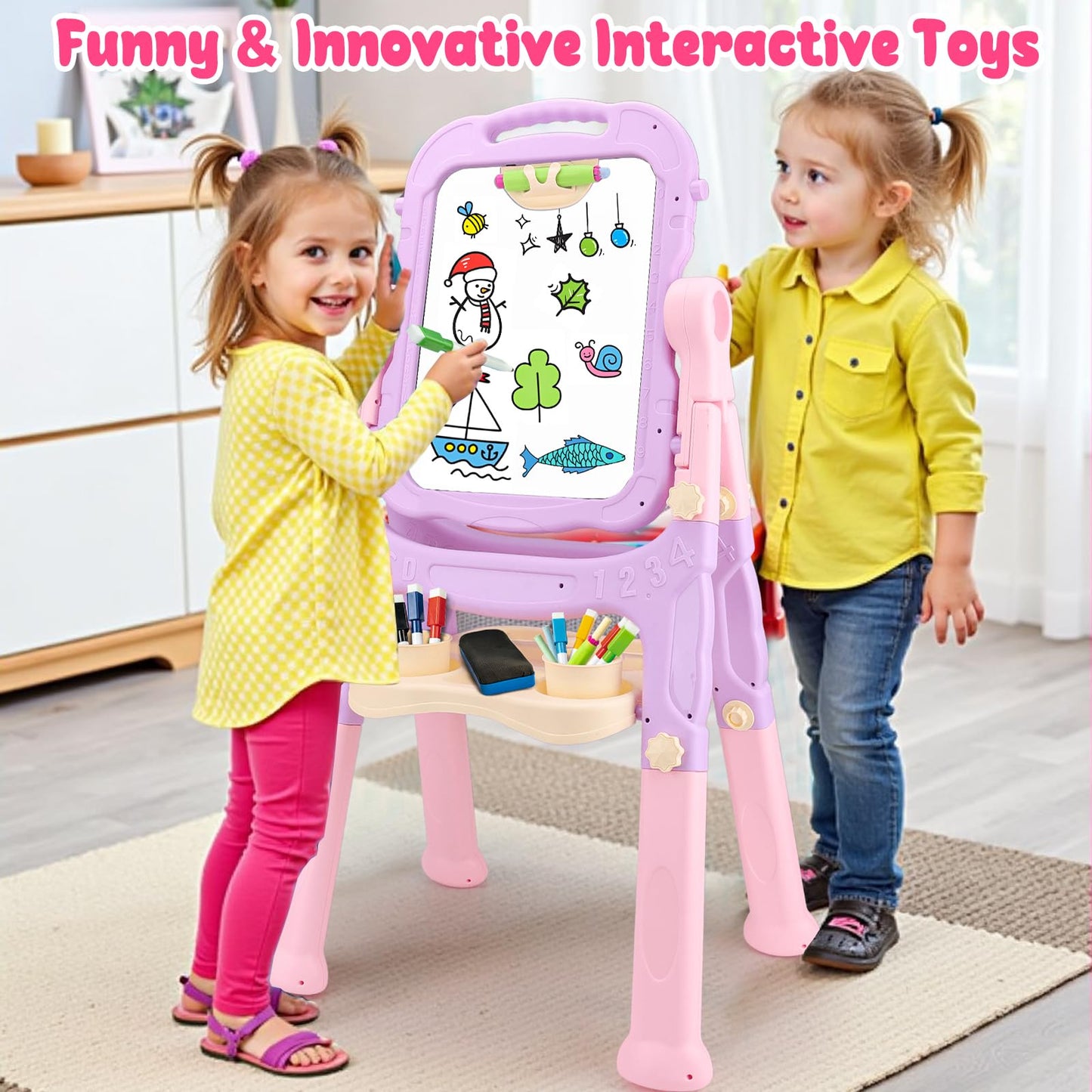 Kids Double Sided Art Easel for Toddlers Magnetic White Board Chalk Board with Painting Accessories Adjustable Stand Drawing Educational Learning Toys - Age 3 4 5 Year Old Girl Birthday Gifts Pink