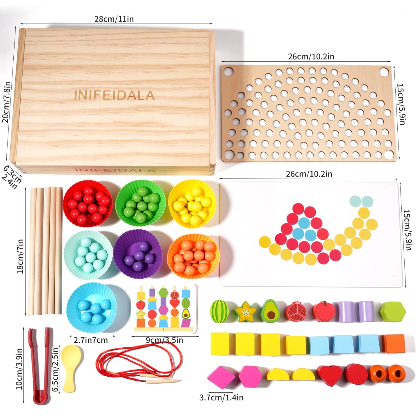 INIFEIDALA Montessori Toys for 3 4 5 Year Old,Stacking Blocks,Lacing Beads & Shape Stacker,Wooden Beads Sequencing Toy Set,Fine Motor Skills & STEM Preschool Learning Gifts for Toddlers Boys & Girls