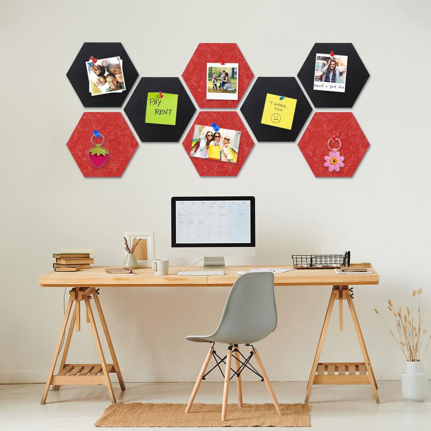 8 Packs Black Red Hexagon Felt Pin Board, 12" Bulletin Board with 30 Push Pins, Felt Board for Home Kitchen Office Decor, Self-Adhesive Corkboard Tiles for Walls Message Photos Memos Display
