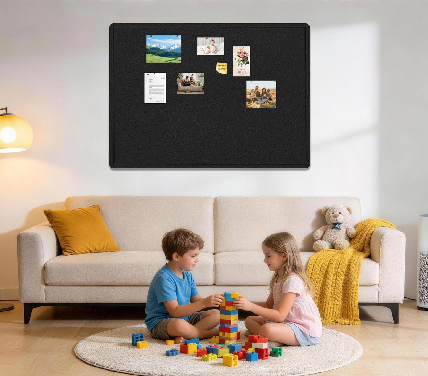Large Bulletin Board, 48 X 36 inches Felt Board Notice Pin Board, 4' x 3'Cork Board Alternative for Wall, Self-Adhesive Vision Board Mood Board Foldable Photo Board with 30 Pushpin (Black)