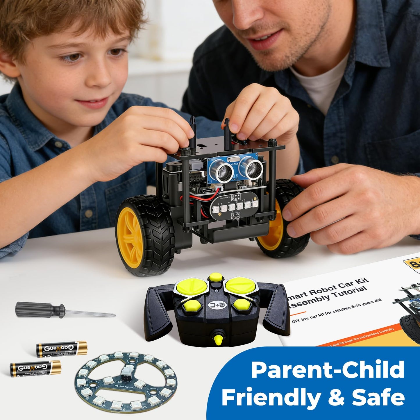 Elfew STEM Robot Car Toys for Kids 8-13, DIY Building Educational Robot Kit, 2WD Self-Balancing RC Car with Ultrasonic Obstacle Avoidance, 360° Rotation, LED Lights, Ideal Gift for Boys Girls
