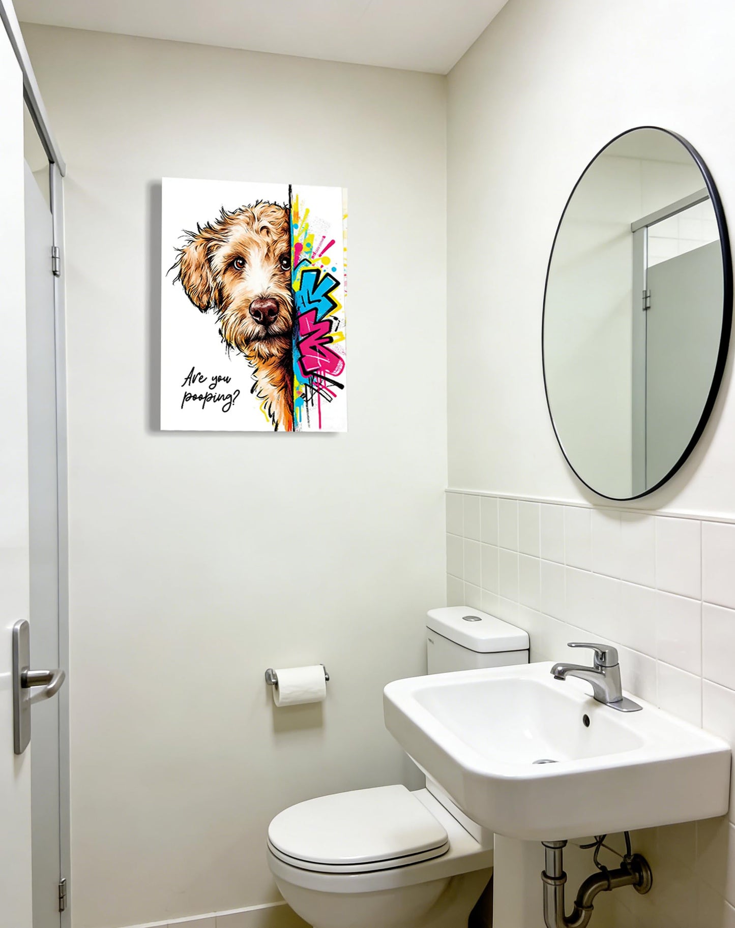 12x16“ Funny Goldendoodle Dog Bathroom Wall Art, Are You Pooping? Graffiti Pet Canvas Print, Humorous Restroom Poster Decor for Bathroom Toilet, Modern Pop Art Dog Lover Picture (Framed)