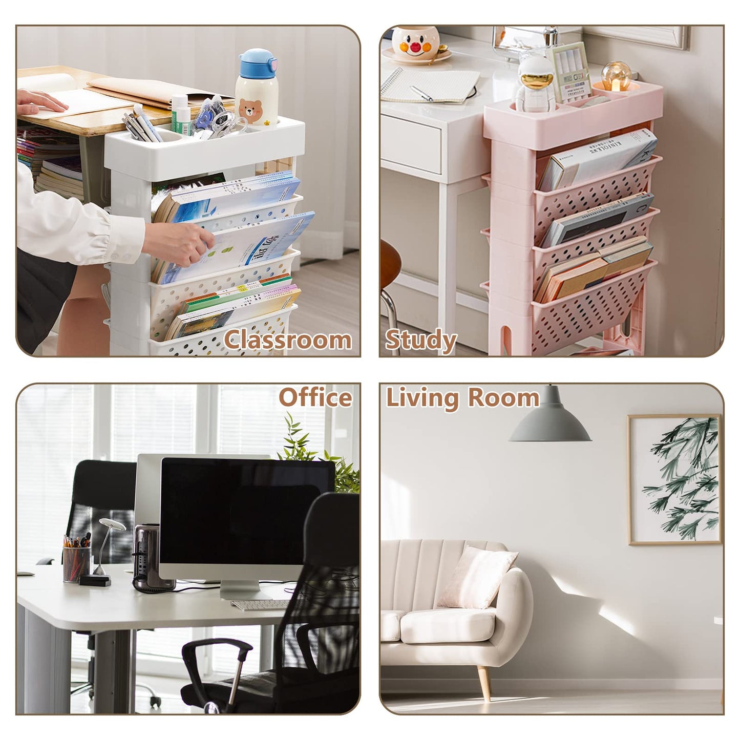 CINPIUK Pink Rolling Office Paper Organizer, Mobile Book Cart Document Folder File Storage with Pen Holder, Slim Rolling Storage Cart Movable Bookshelf for Office, Dorm, Classroom, Nursery