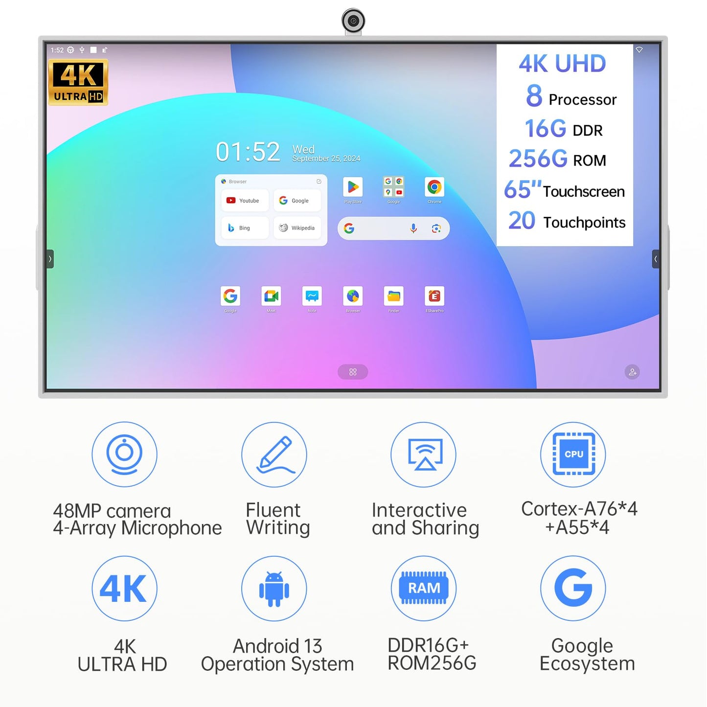 JAV Smart Board with Google EDLA Certified, 65 inch Interactive Whiteboard - 4K UHD 16+256GB Digital Smart Whiteboard Touch Screen with 48MP Camera for Classroom Office (Wall Mount Included)