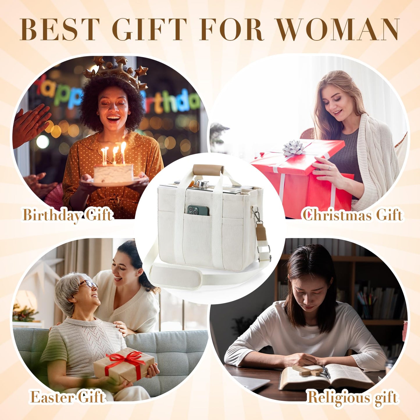 Fullhawl Bible Tote Bag Kit Scripture Study Supplies Study Bag Pen Label Index Sticker for Christian Mothers Day Gift(White)