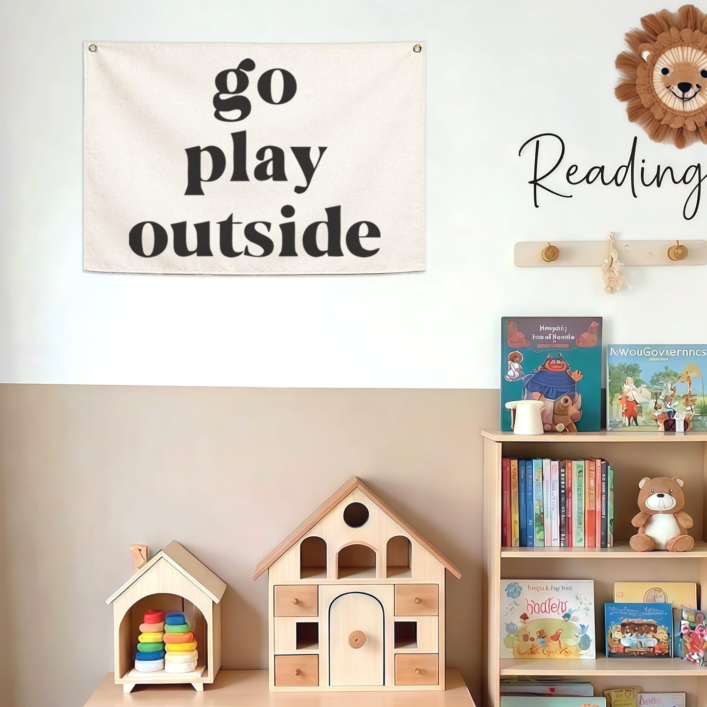 Nursery Rectangular Canvas Banner Wall-Hanging Flag Wall Art Decor for Baby Boy Girl,Kids Room Playroom Bedroom Game Room Kindergarten Decor,Birthday Christmas Gift-Go Play Outside-28.5"L×20"W