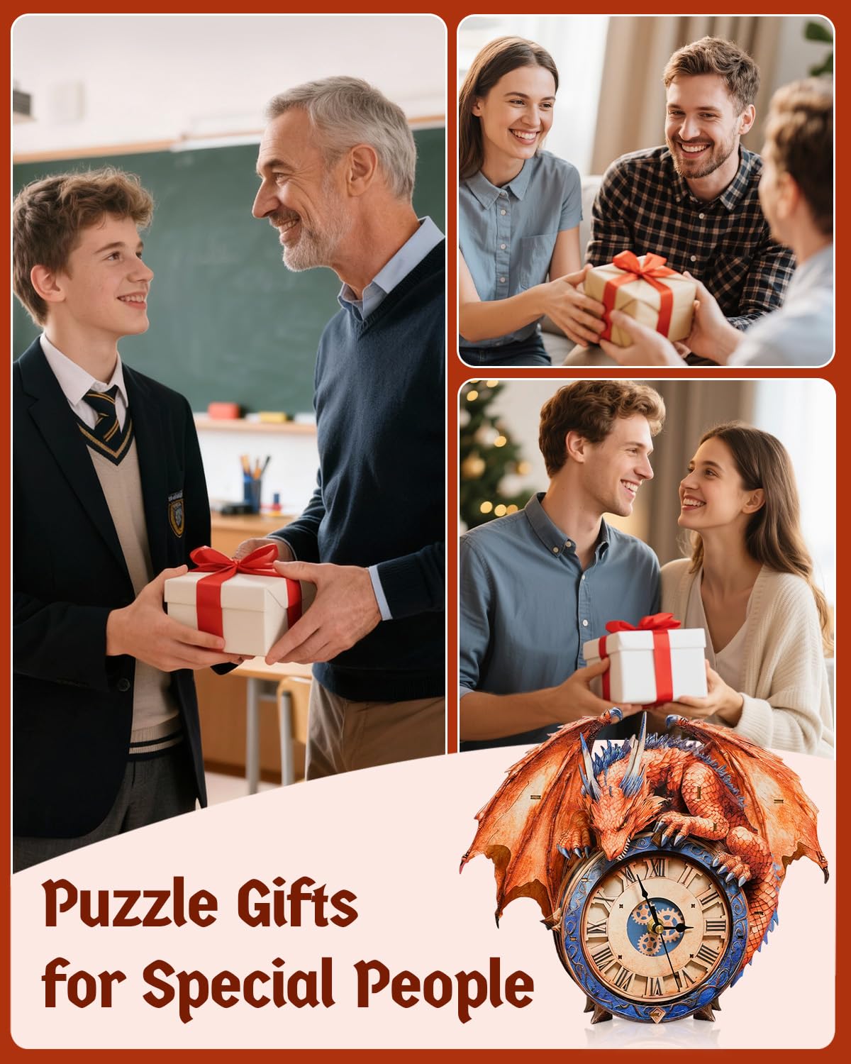 Rnfinewow 3D Puzzles for Adults, 3D Puzzle Fiery Dragon Clock Kit (with Pendulum), Wooden Puzzles for Adults Home Decor DIY Clock Crafts for Adult Puzzle Gifts for Men Women
