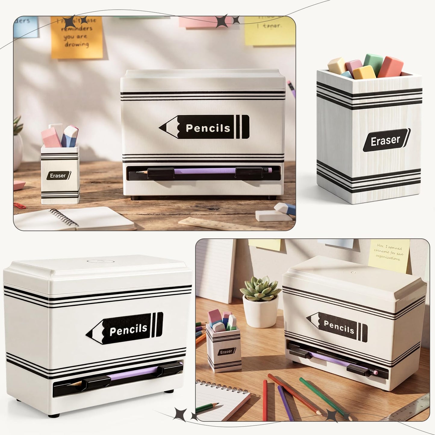 Gueevin 2pcs Pencil Dispenser for Classroom, Fun Desk Organizer with Eraser Holder, Interactive Pencil Storage for Teachers, Students & Homeschool Desk Organizer, Back to School Supplies(White)
