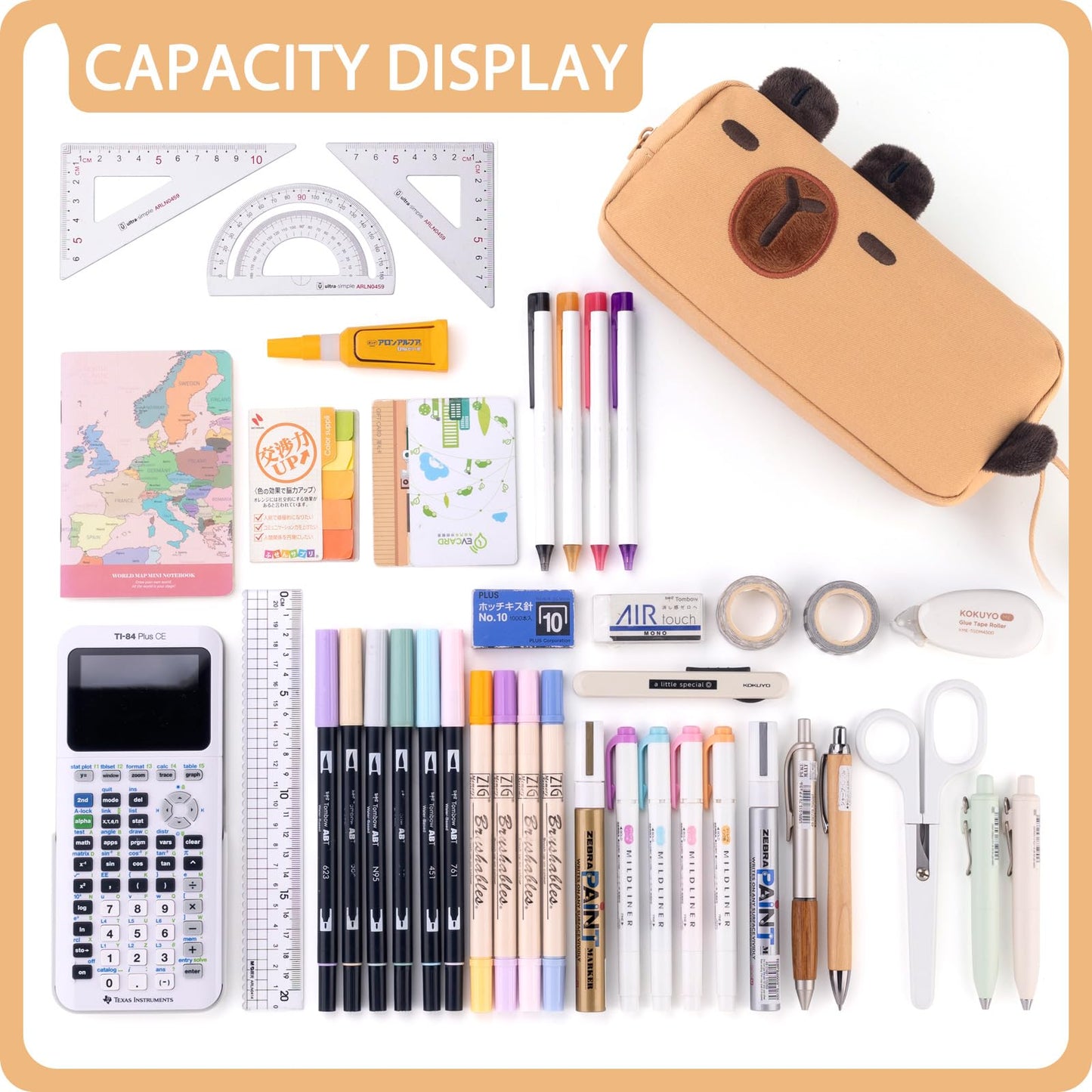 CICIMELON Cartoon Pencil Case, Large Capacity Pen Pouch with Embroidered Animal Design, School Supplies Bag for Kids, Teens, Students (Brown Capybara)