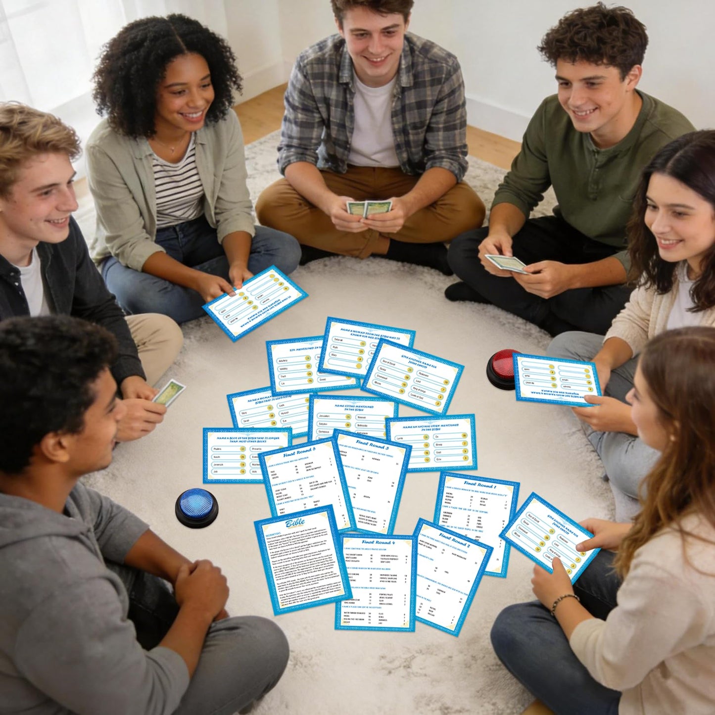 TUSAUW Christian Bible Friendly Feud Game with Answer Buzzers, Religious Feud Card Board Game Night Family Church Group Fun Trivia Quiz for Christmas Easter Party Office Class Team Building