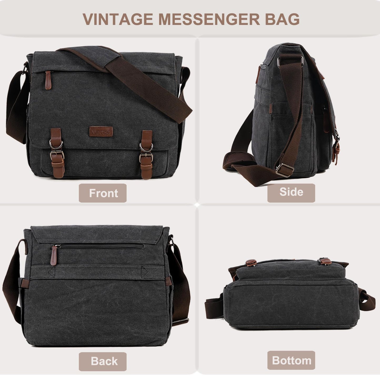 Mactso Vintage Messenger Bag 15.6 Inch Laptop for Men Women, Large Travel Crossbody Shoulder Purse with Luggage Strap,Canvas Briefcase Work Office College (Black-Upgrade)