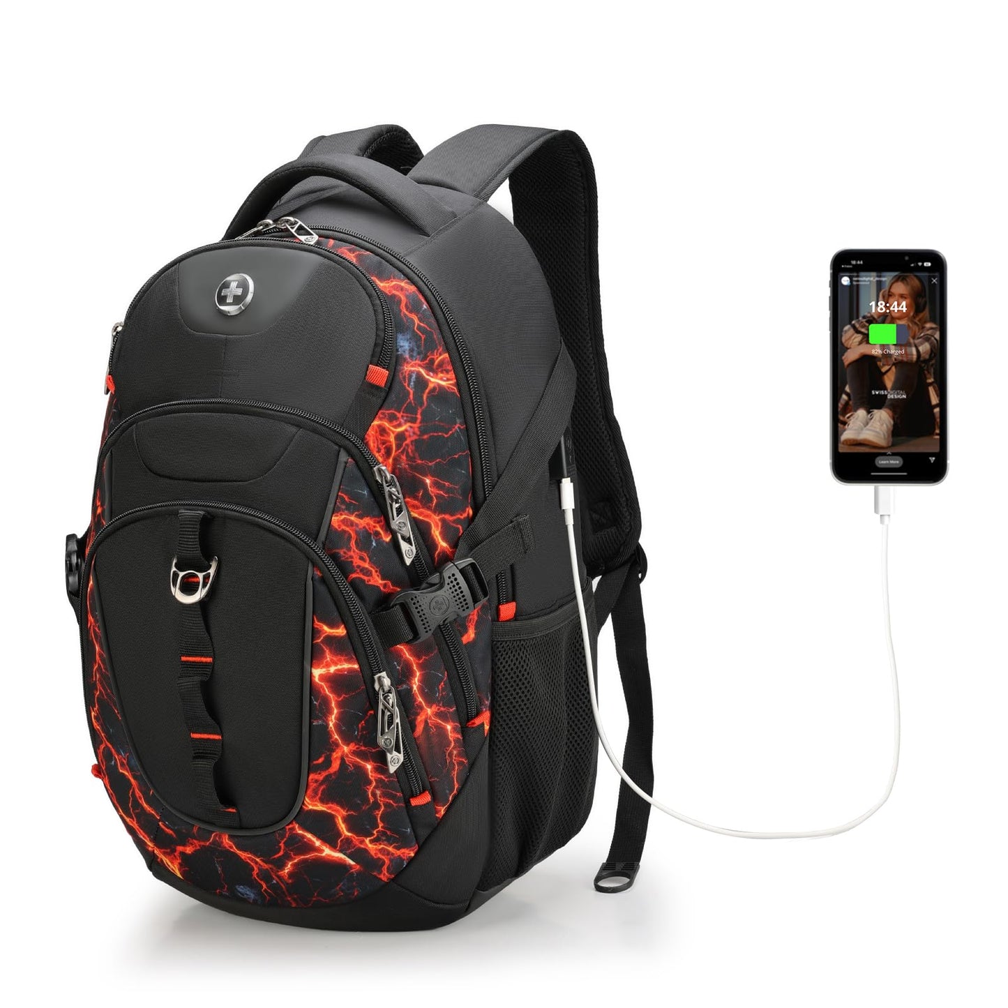 Swissdigital Laptop Backpack with USB Charging Port, Travel Backpack Fits 15.6 inches Computer, 31L Backpack for Men, Flame Red | SD803-97