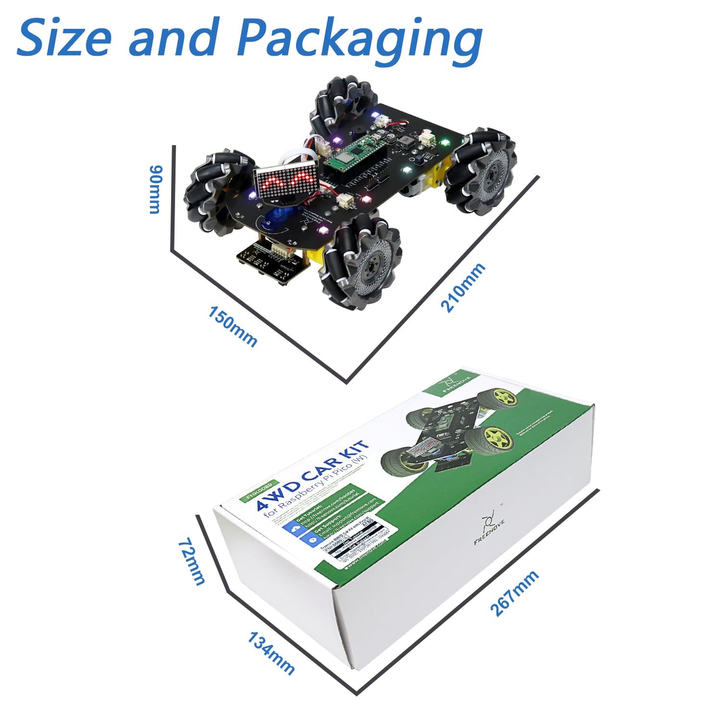 Freenove Mecanum Wheel Car Kit for Raspberry Pi Pico W (Included) (Compatible with Arduino IDE), Dot Matrix Expressions, Obstacle Avoidance, Line Tracking, Light Tracing, Colorful Light, App