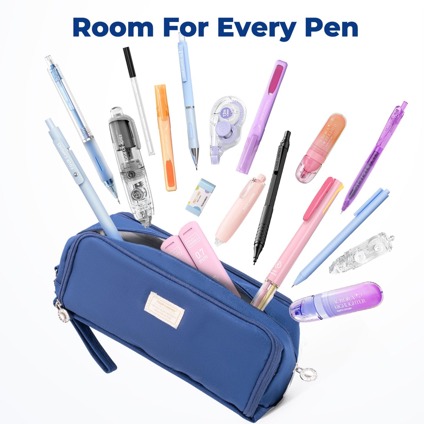 Four Candies Blue Pencil Case 3 Compartment Pouch, Large Pencil Case for School, Girls, Teen Boys, Women, Dark Blue, Removable Handle & Zipper, Cute Pencil Bag for Office, College