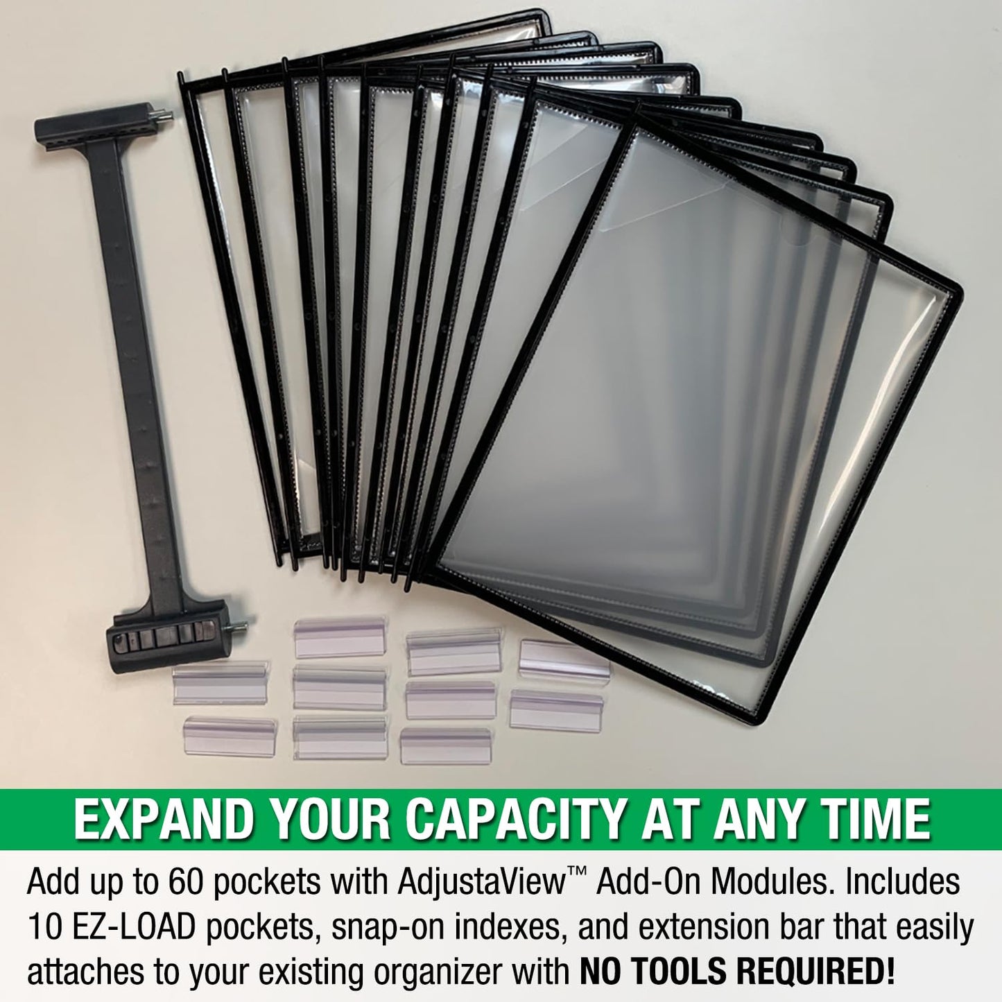 Ultimate Office AdjustaView 20-Pocket Desk Reference Organizer with Easy-Load Pockets and Compact Weighted Base for Stability, Black Pockets