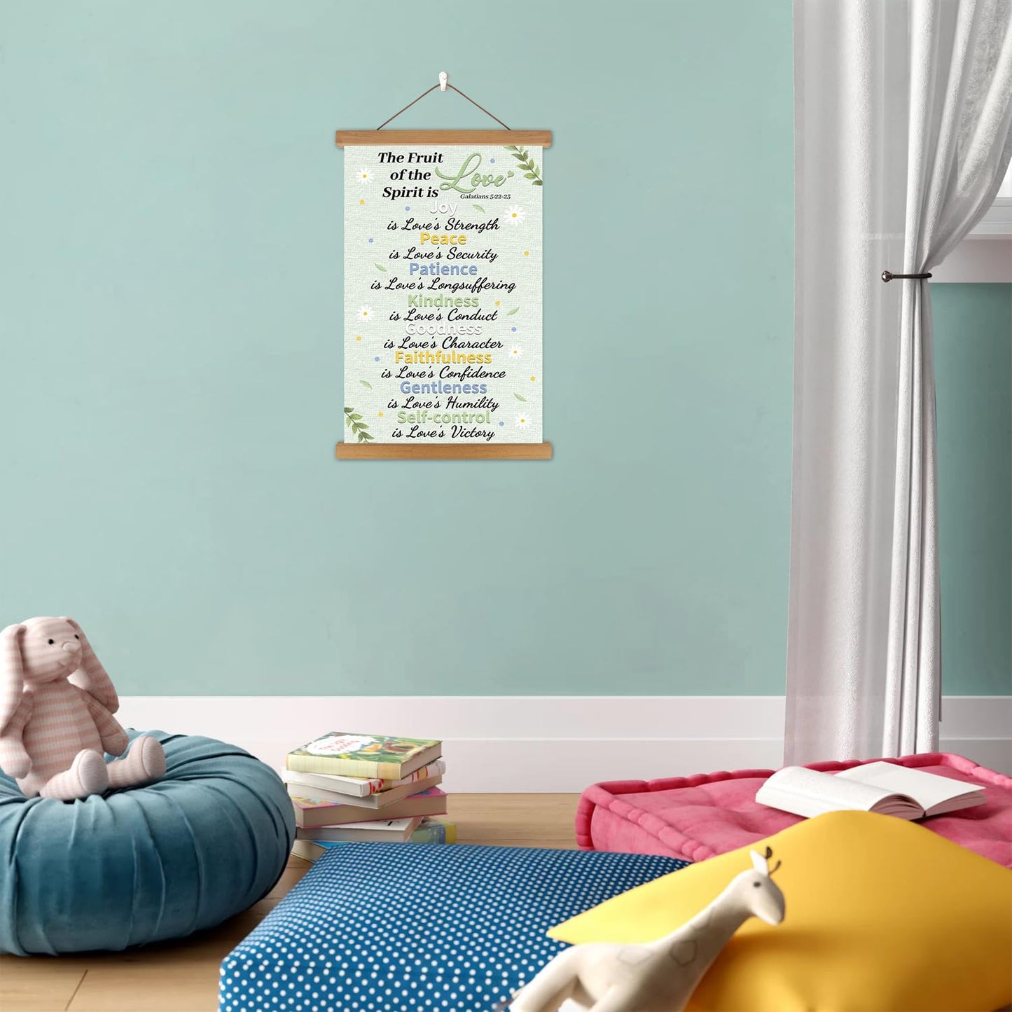 KAlRNE Fruit of The Holy Spirit Poster,Christian Wall Art,Fruit Bible Verse Canvas Hanging Kit,Inspirational Wall Decor,Motivational Poster With Wood Magnetic Hanger for Bedroom Classroom Decoration