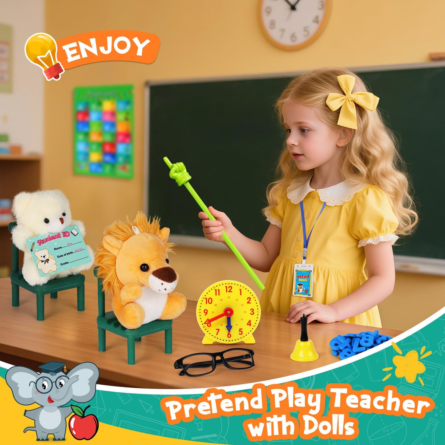 Alritz Pretend Play Teacher Set, School Stuff, Role Play Preschool Learning Activities Classroom Set for Girl Boys Include Dolls, Toy Laptop, Black Board, Birthday Gift 5 6 7 8 9+ Years Old
