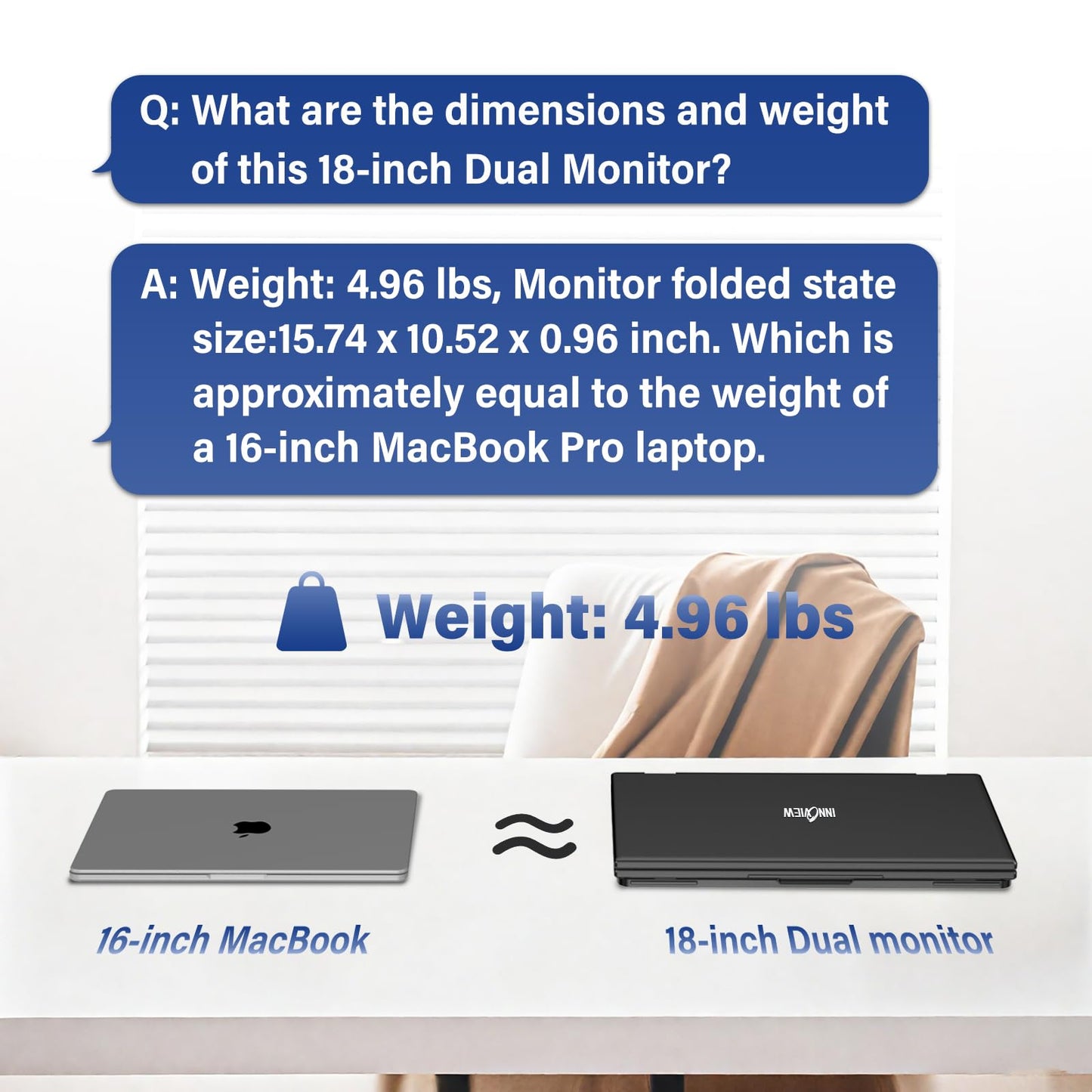 InnoView Dual Portable Monitor 18" 2560x1600P 100Hz 2K 100% DCI-P3 - Foldable & Stackable Design with 315° Screen Adjustment & 180° Stand | DP/USB-C/HDMI, Second Monitor for Laptop, Mac, Windows