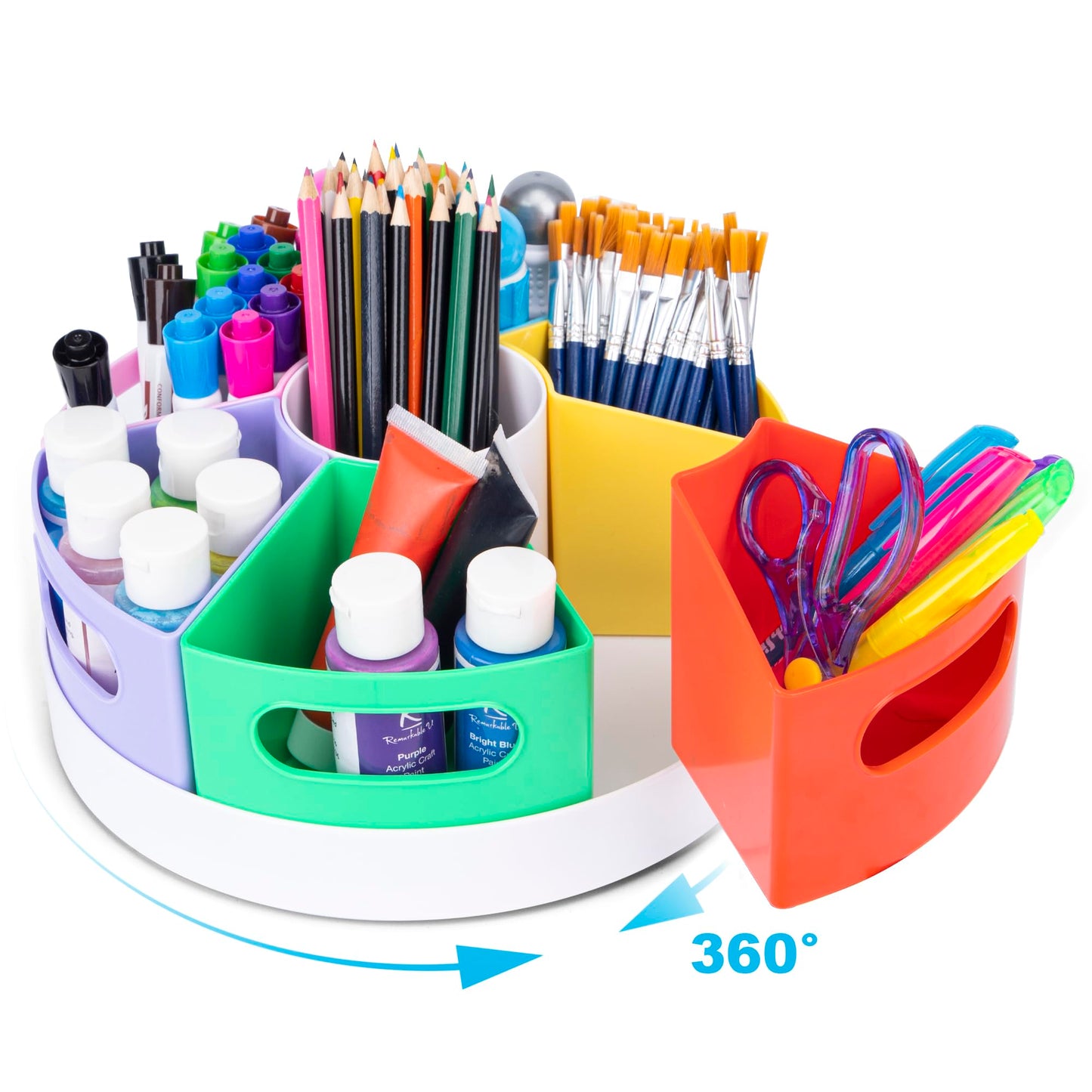 CraftGenes Art Supply Organizer, Extra Large 360 Degree Rotating Pencil Caddy with 7 Removable Compartments, Rainbow Marker Organizer and Craft Caddy for Kids, Teachers, Classroom, School