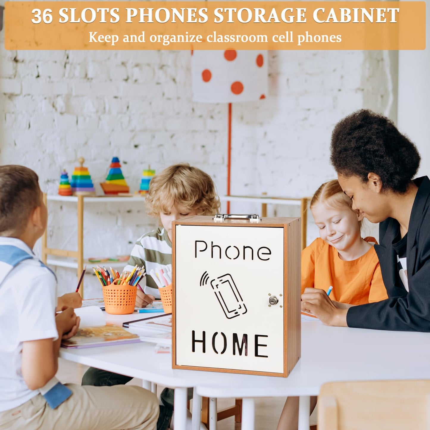 Lzttyee Cell Phone Holder Classroom 36 Slots Wooden Cell Phone Storage Cabinet Pocket Chart with Handle and Security Lock for Classroom Office (36 Grid Cabinet Cherry)