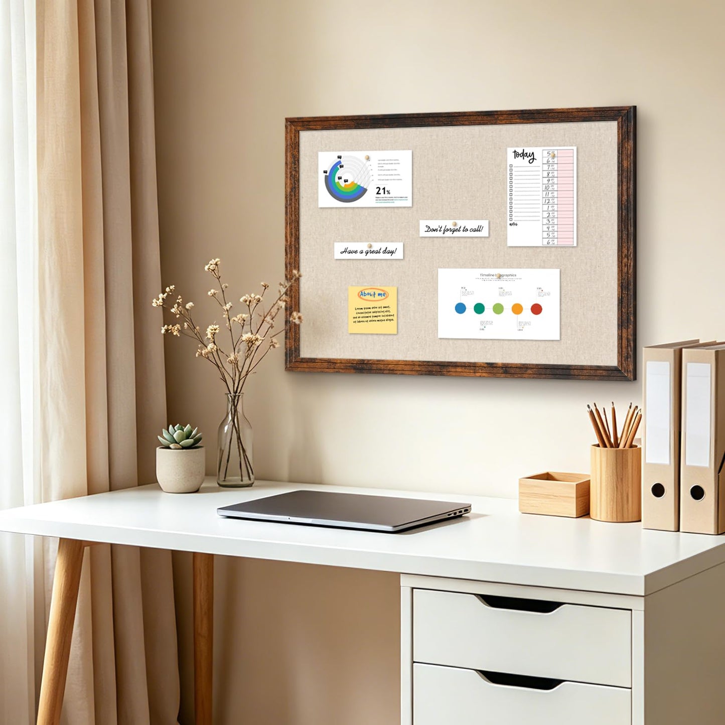DOLLAR BOSS Linen Bulletin Board 36" x 24", Decorative Cork Boards for Walls with White Wood Frame, Premium Fabric Pin Board for Office, Home & School Room Decor, Brown