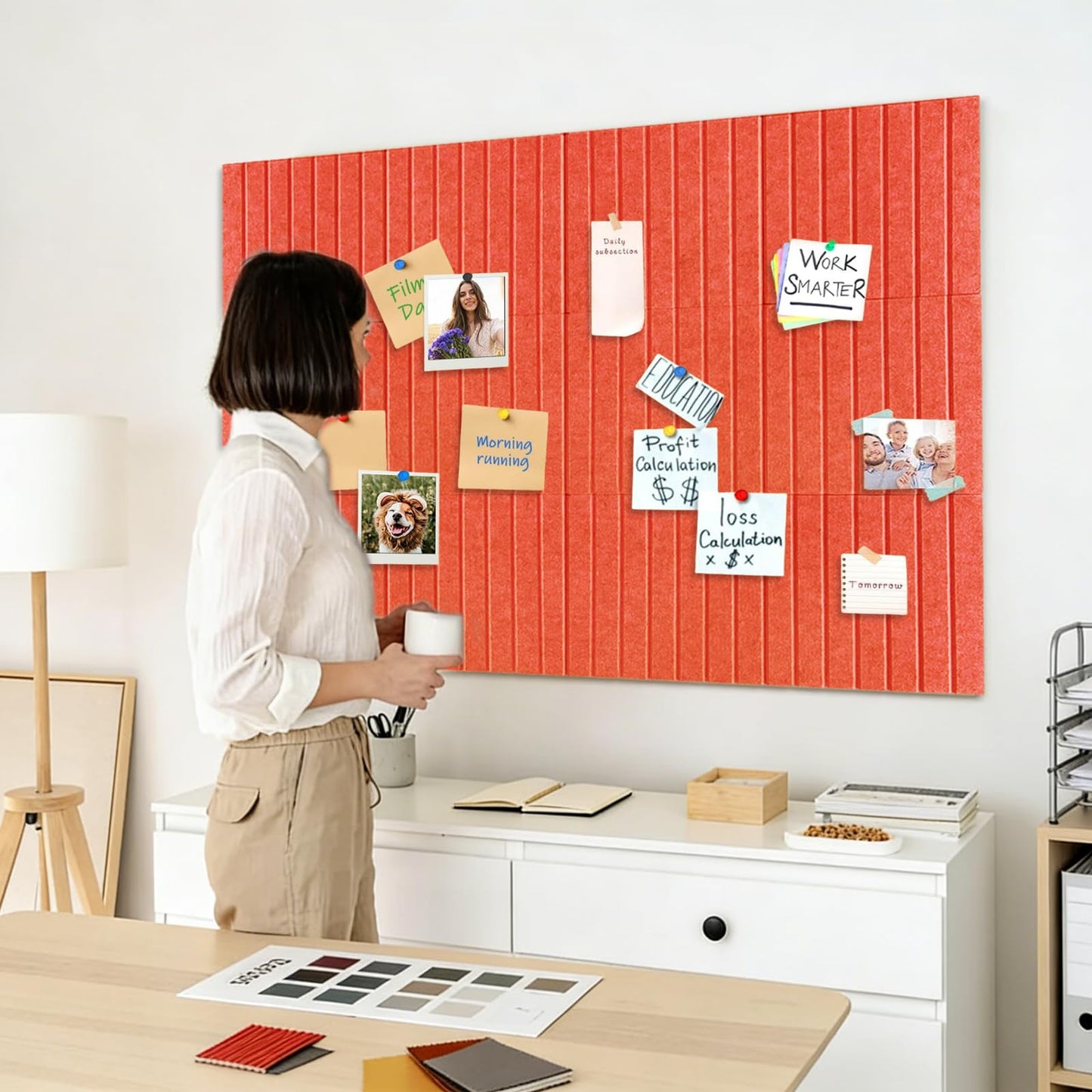 15 Pack Felt Bulletin Board, 35" x 59" Large Orange Pinboard with 30 Push Pins, Felt Pin Board, Self-Adhesive Cork Board Tiles for Home, Office Walls, School Classroom Message Photos Display
