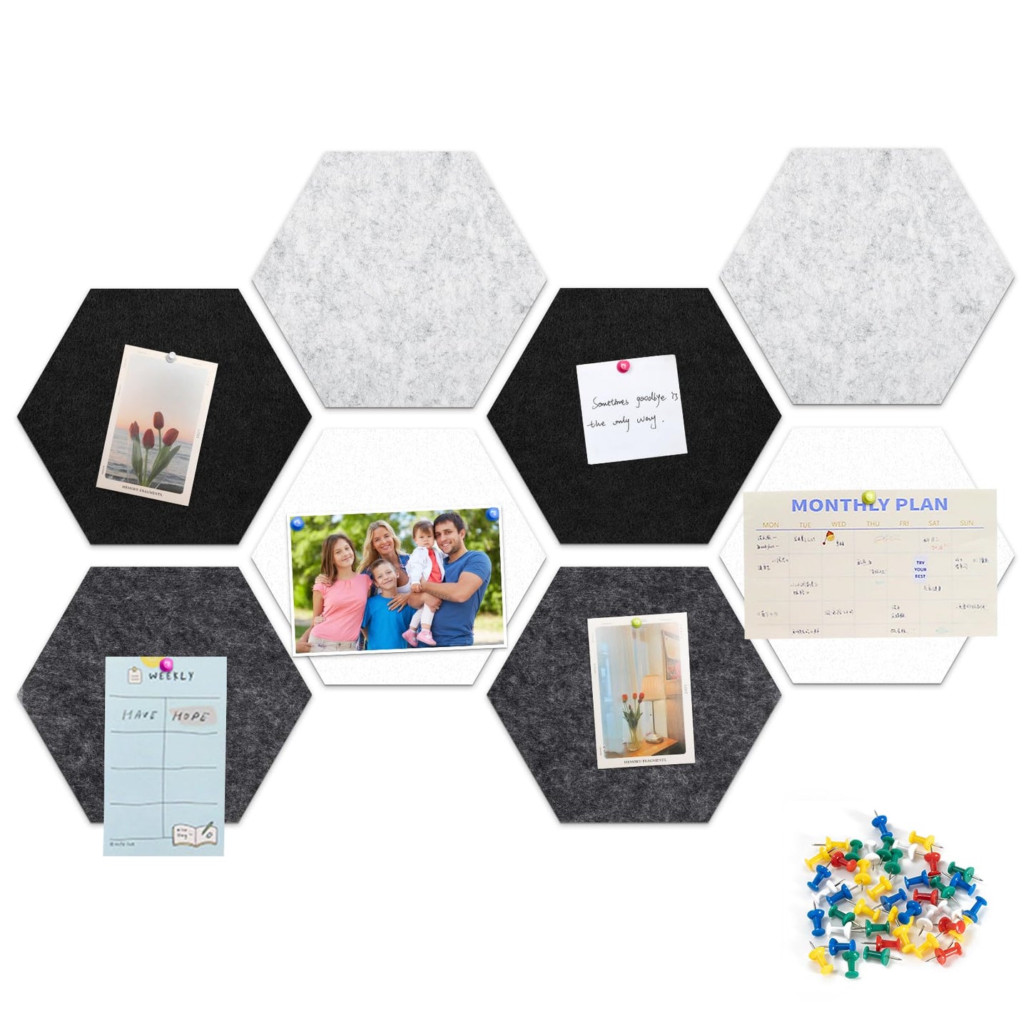 Uoisaiko 8 Pack Hexagon Felt Bulletin Board Tiles - 12" Large Thick Pin Board for Walls with 30 Push Pins, DIY Boards for Office Home School Decor, Aesthetic Hex Cork Board Alternative