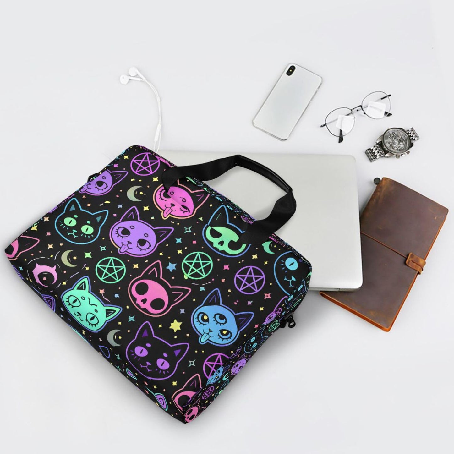 JIPONI Cute Cartoon Witchcraft Cat Halloween 15.6 16 Inch Laptop Case Bag Briefcase Messenger Computer Bag for Men Women with Shoulder Strap Handle