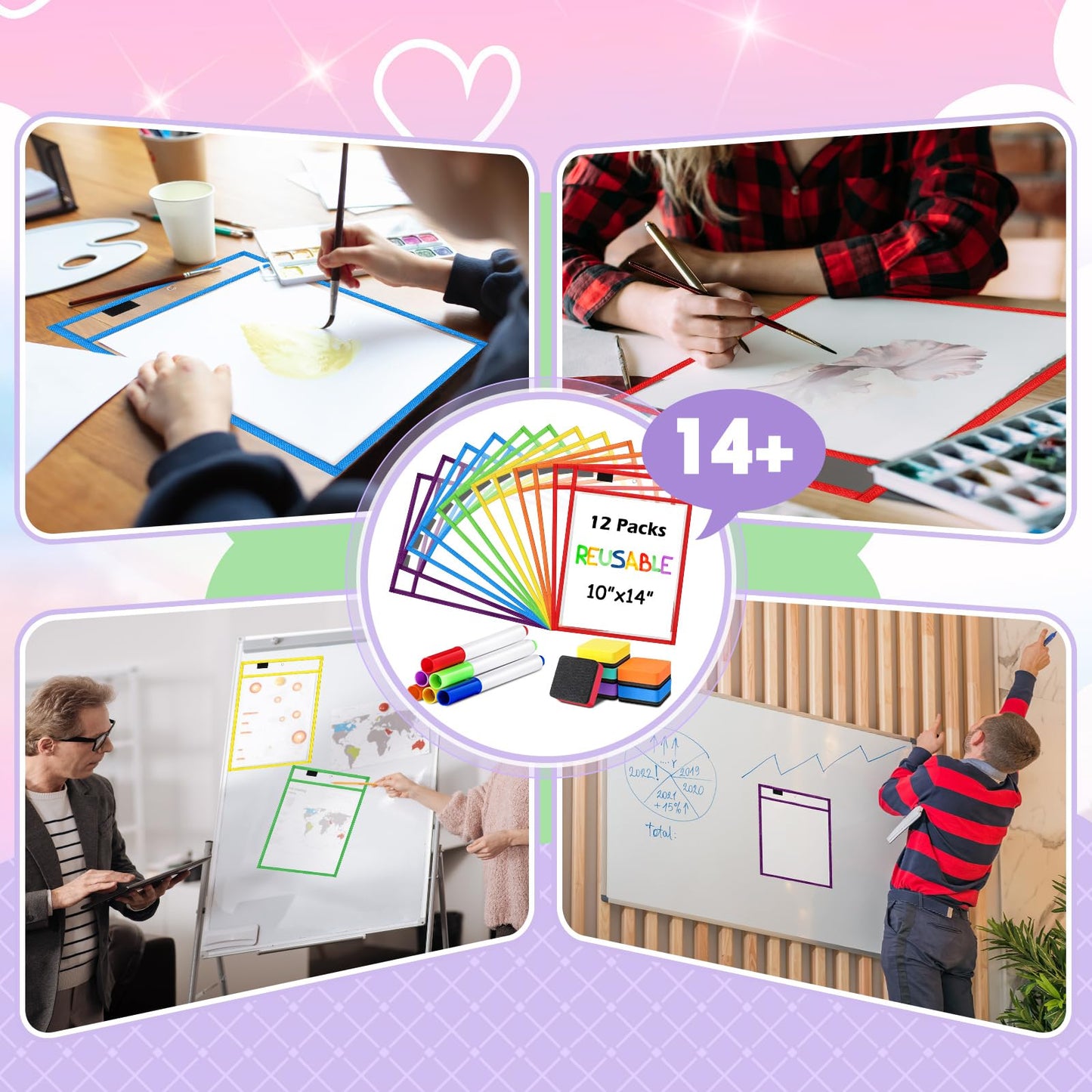 24 Pcs Dry Erase Pocket Reusable Sleeves 10" x 14" Clear Plastic Sheet Protectors with Markers and Mini Dry Erasers for Paper(Rainbow)