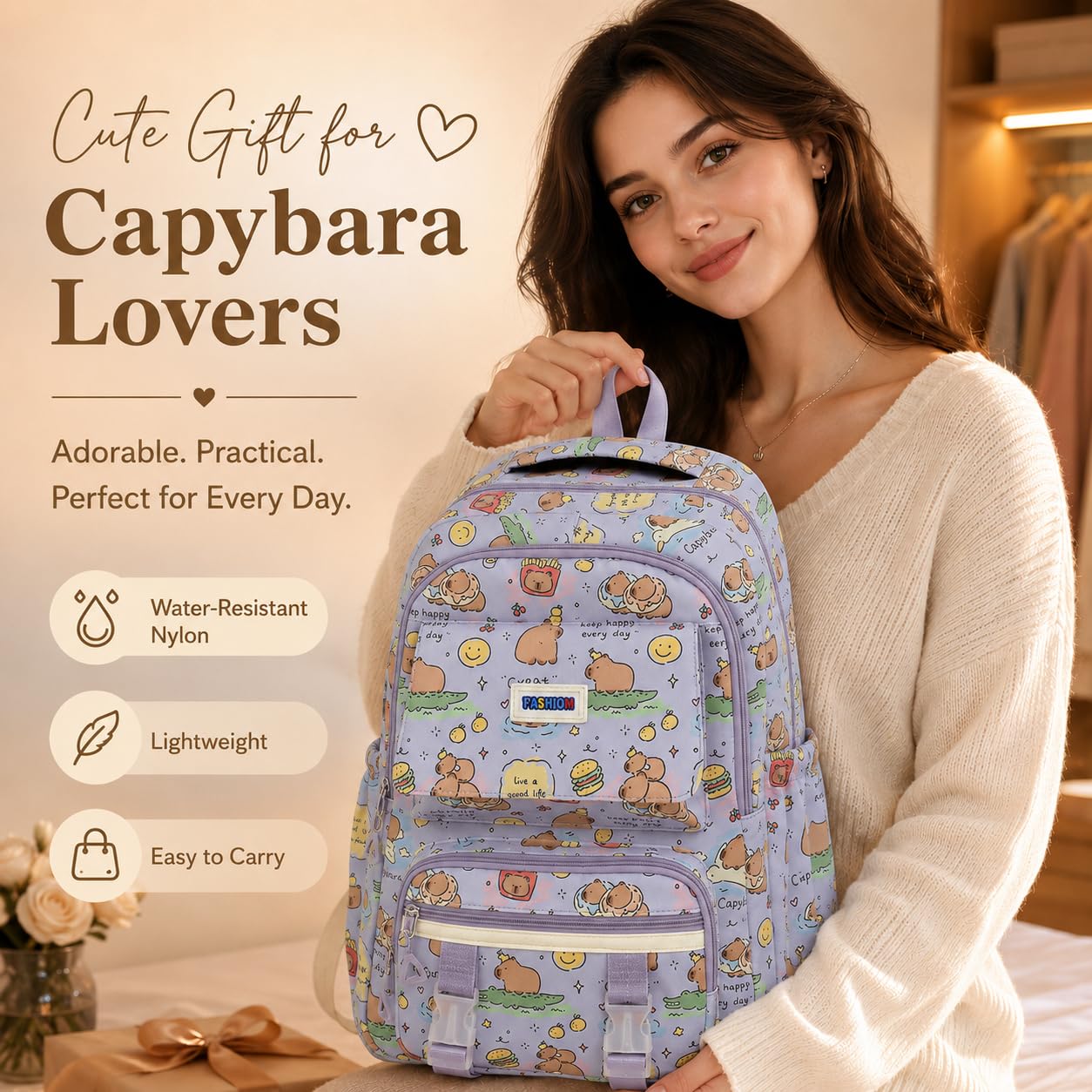 Capybara Backpack with Multi-Pocket Organizer, Water-Resistant Nylon Fashion Aesthetic Daypack, Large Capacity Bag for Capybara Lovers - 17" Height(Purple)