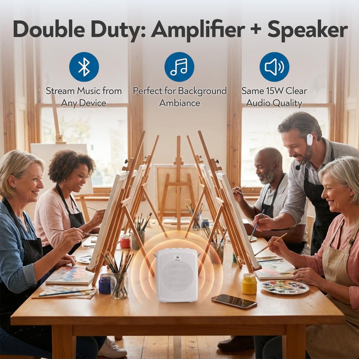 WinBridge Wireless Voice Amplifier -15W Bluetooth Headset Mic, Portable PA System for Teachers, Teacher Microphone for Classroom, 12-15H Battery, Small Presentation Speaker Sound Amplifier WB002 White
