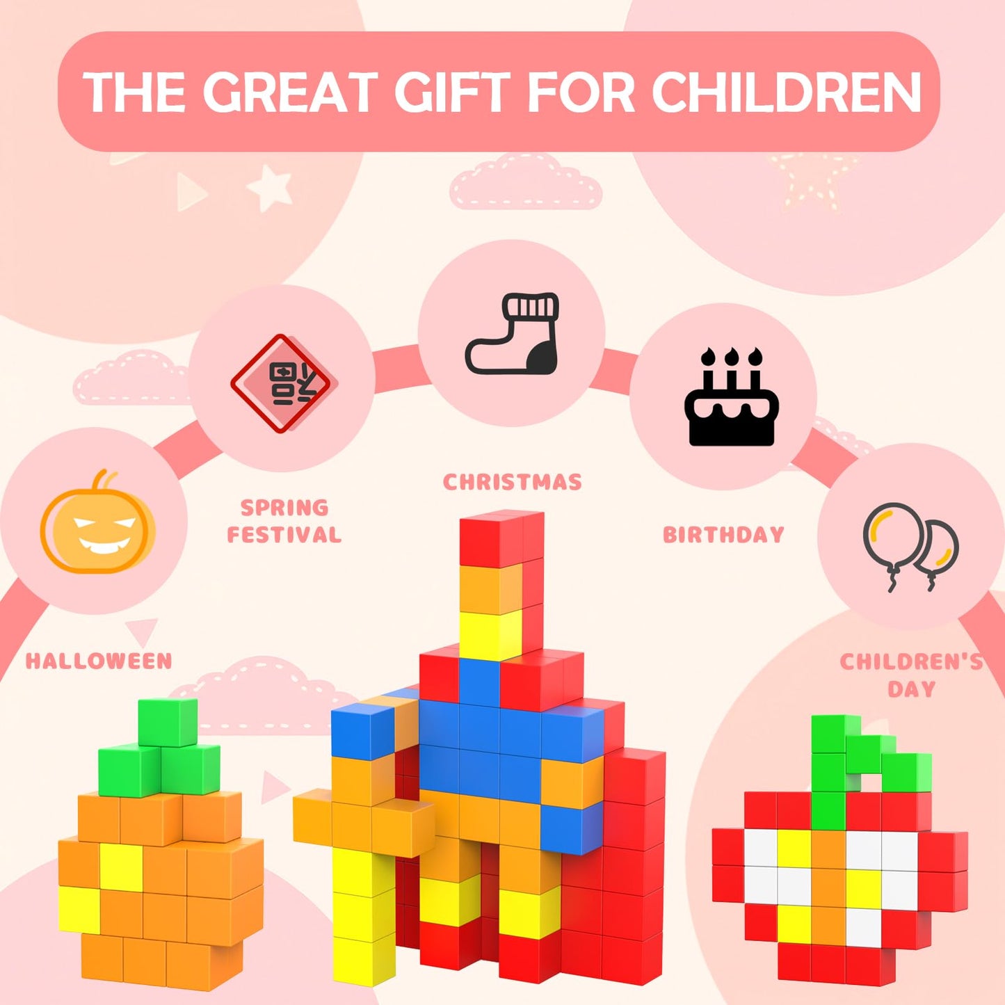 AOMACO 66PCS Magnetic Building Blocks for Kids, 1.3" Large Magnetic Cubes STEM Toys for 3+ Year Old Boys Girls, Sensory Stacking Blocks Learning Toys, for Toddlers & Kindergarten