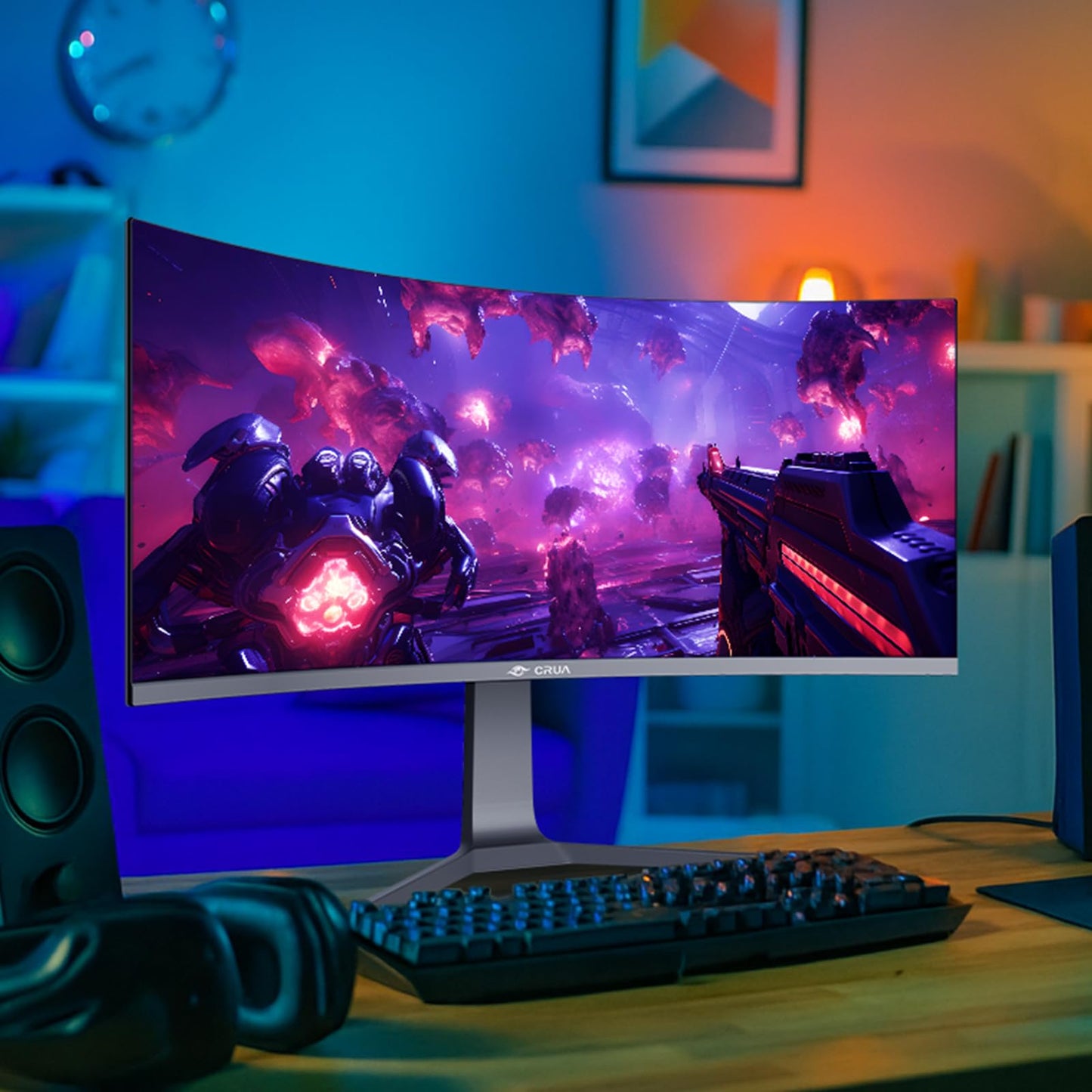 CRUA 34" Curved Gaming Monitor, IPS WQHD(3440x1440P) 120Hz 1900R 21:9 UltraWide PC Display, 130% sRGB, AMD FreeSync, Blue Light Filter, HDMI/DP Ports, Wall Mountable Installs– Black