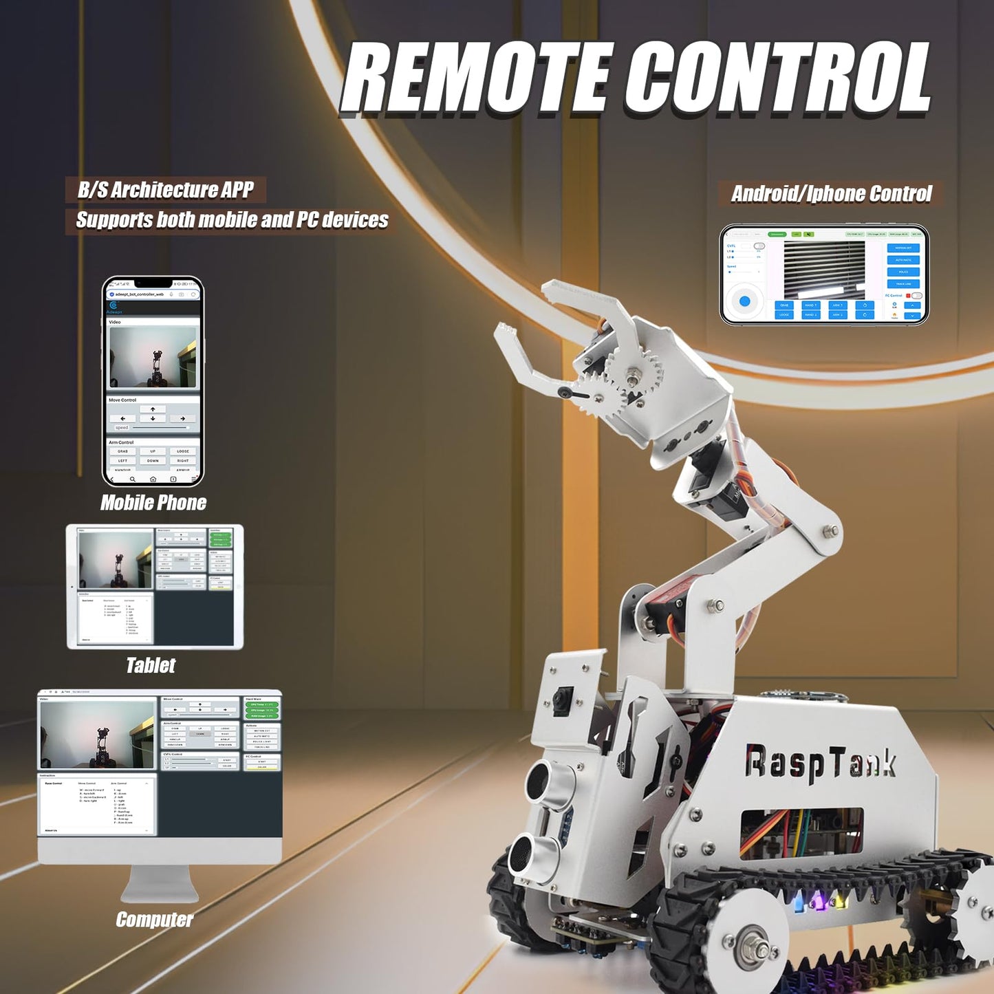 Adeept RaspTank Metal Smart Car Kit for Raspberry Pi 5/4B/3B/3B+(Board Not Included), Tank Tracked Robot with 4-DOF Robotic Arm, OpenCV, Obstacle Avoidance, Line Tracking, with Digital Tutorials