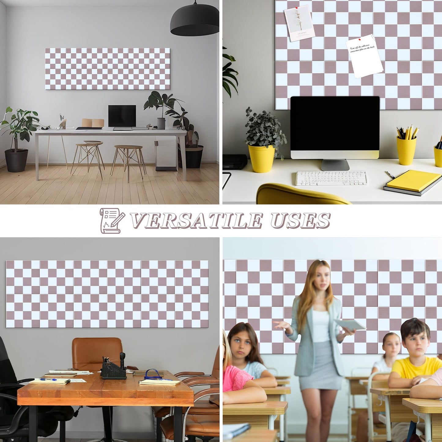 Geyoga 12 Pcs Felt Bulletin Board Tiles for Wall Classroom 12 x 12 Inch Checkered Classroom Wallpaper Backdrop Decor Racing Acoustic Wall Panels Self Adhesive for School Office Home(Brown Plaid)
