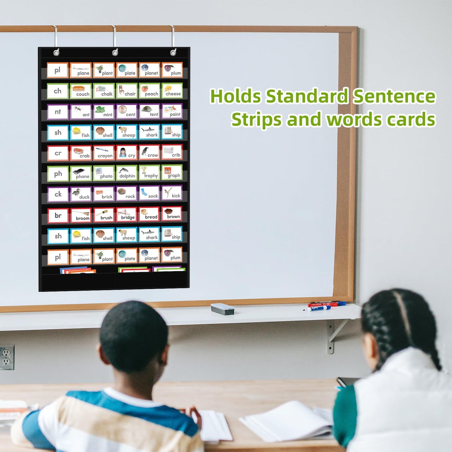 ANCOMEDO Large 10+2 Pockets Standard Pocket Chart, 10 Clear Pockets Words Chart with 2 Extra Storage Pocket for Classroom Home Office Use,Large Size:45”x 28” Letter Cards,Words and Sentence Strips.