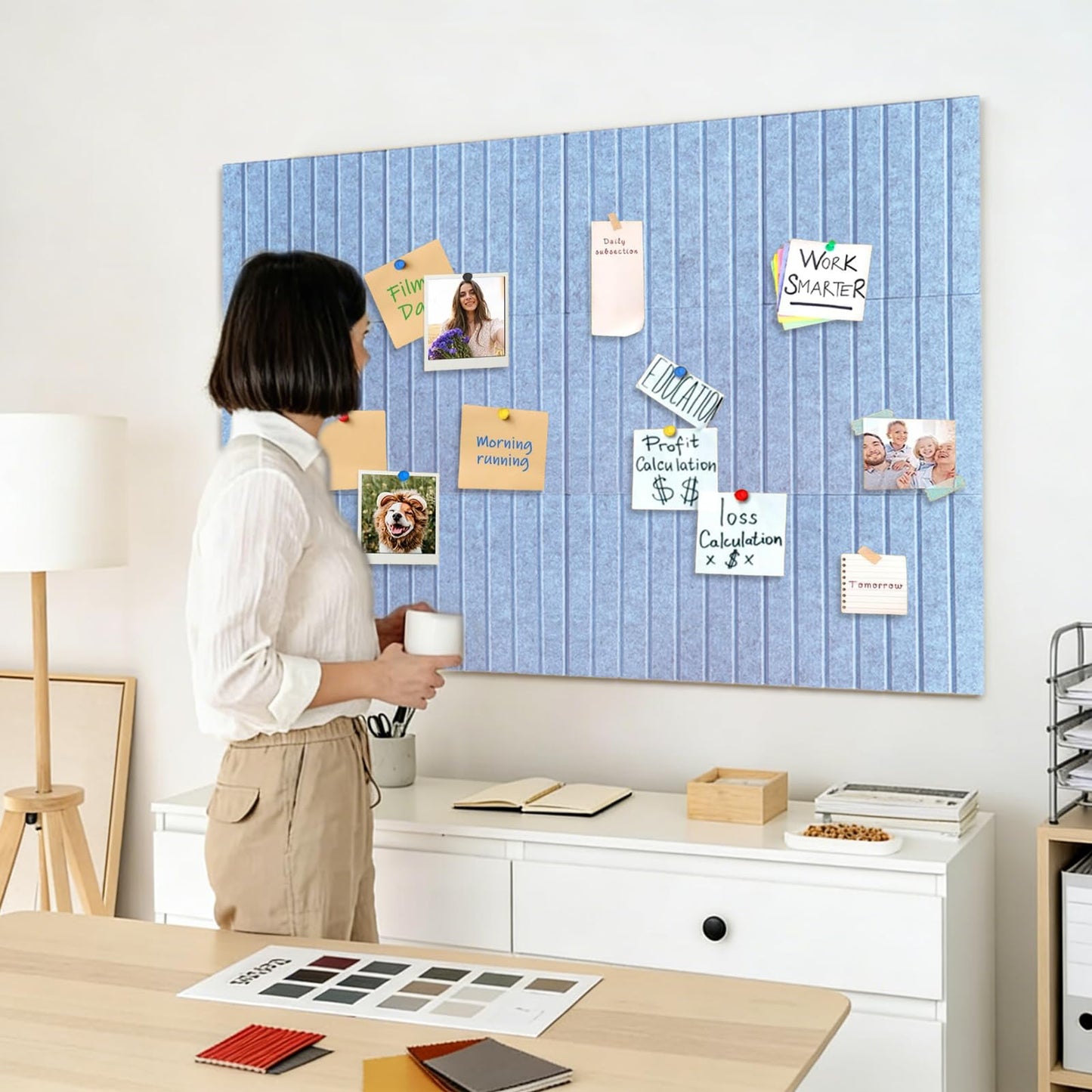 15 Pack Felt Bulletin Board, 35" x 59" Large Light Blue Pinboard with 30 Push Pins, Felt Pin Board, Self-Adhesive Cork Board Tiles for Home, Office Walls, School Classroom Message Photos Display