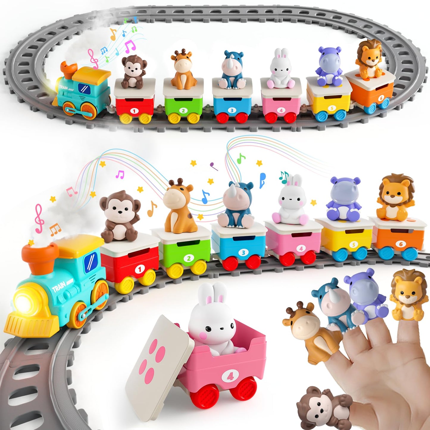 Toddler Toys for 1 2 3 Year Old, Electric Zoo Animal Train Set with Music, Lights & Steam, Montessori Counting, Matching & Sorting Learning Toys, Christmas Birthday Gifts for Baby Boys Girls 18 M+