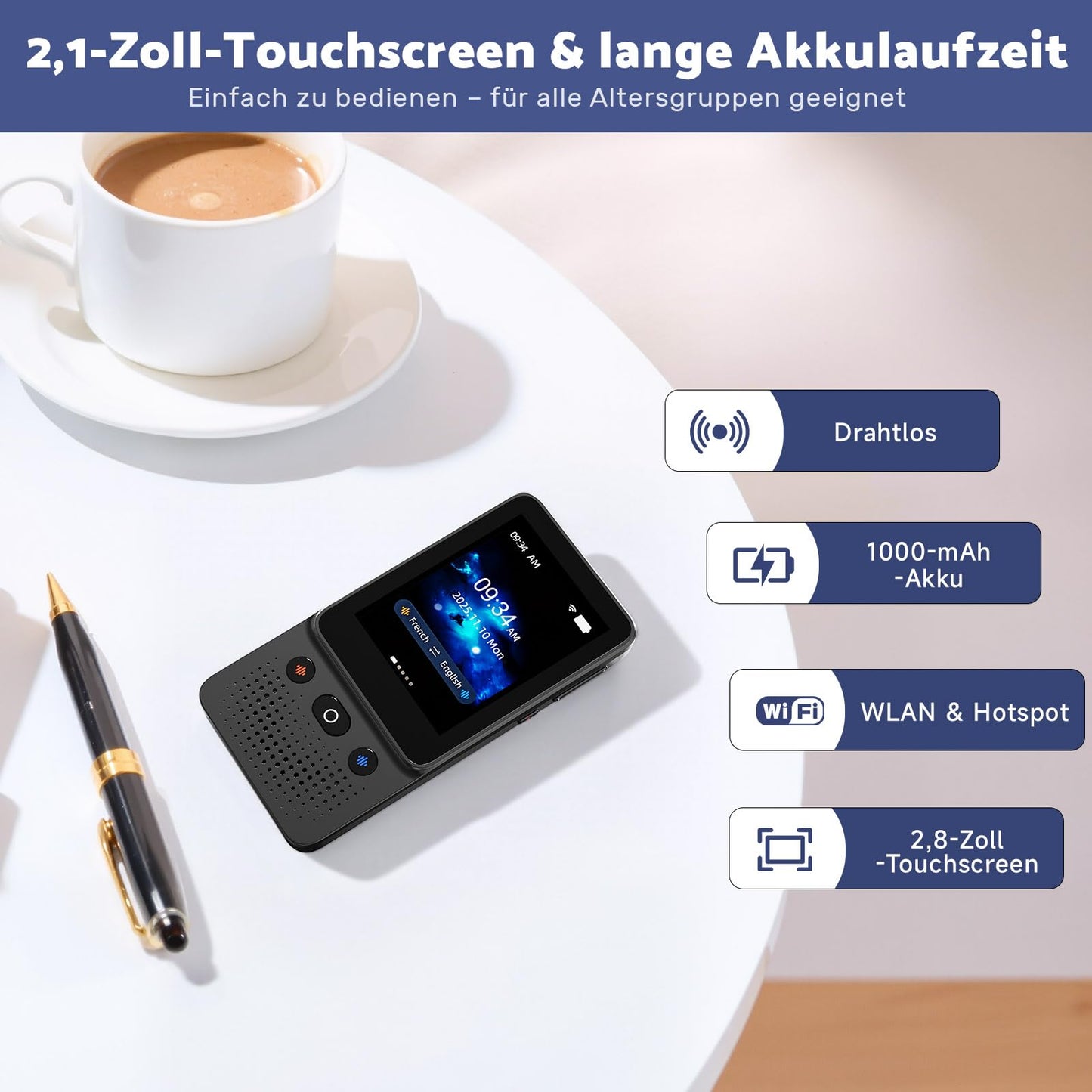 Ai Language Translator Device, 2025 Instant Voice Translator Device T21 Wi-Fi Available, Two-Way 138 Languages Ai Translator Offline Recording Photo Translation Device for Business Travel Study
