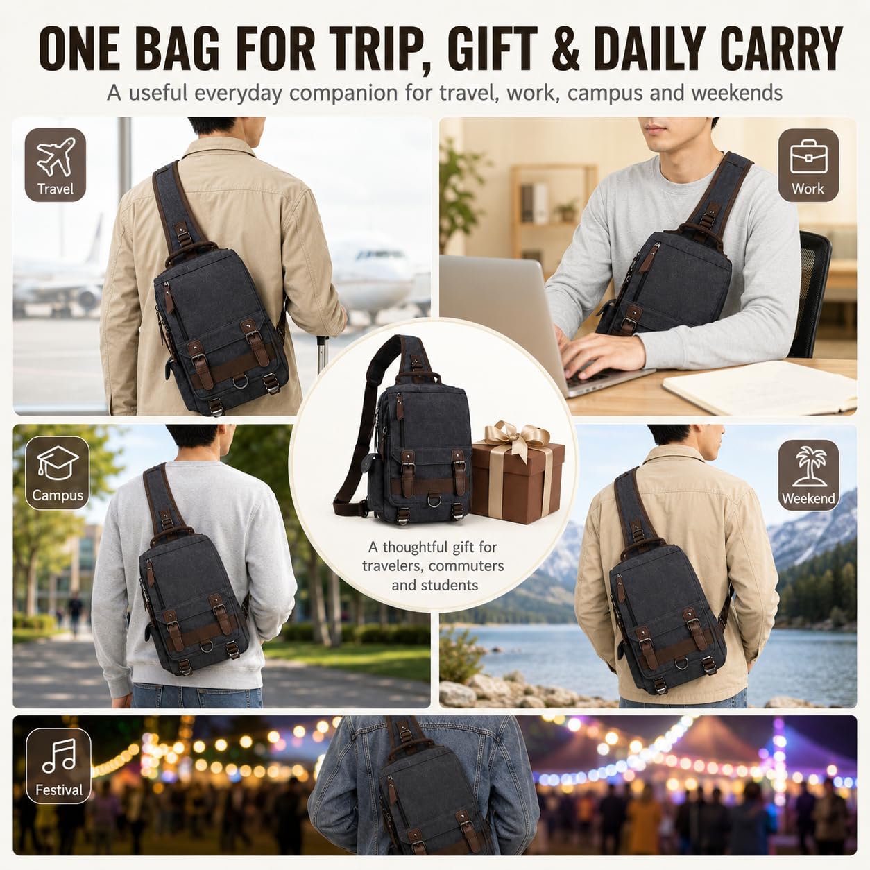 Leaper Retro Canvas Messenger Bag — Fits 10" Tablet, 9 Pockets, Unisex Crossbody Shoulder Sling Bag for Travel, Work & Daily Use, Army Green, M (Available in Medium, Large, XL, XXL)