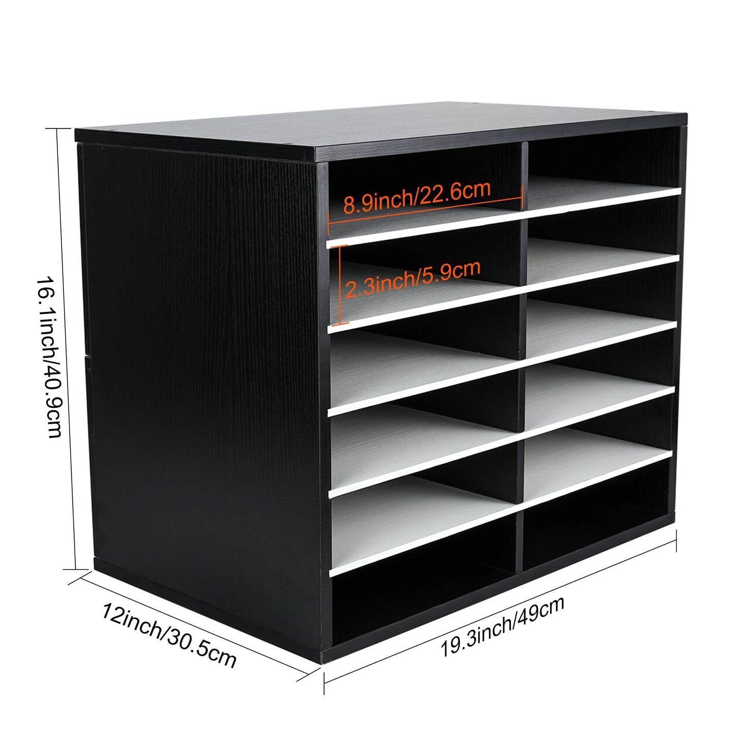 EasyPAG 12 Compartments Wooden Literature Organizer with Adjustable Shelves, 6000 Sheets Capacity Paper Organizer, Classroom Mailbox and Mail Sorter for Teachers and Office, Black/White