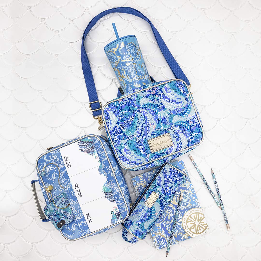 Lilly Pulitzer Blue Pen and Pencil Pouch Holder, Cute Travel Bag/Case with Carrying Handle and Zip Close, Wave After Wave