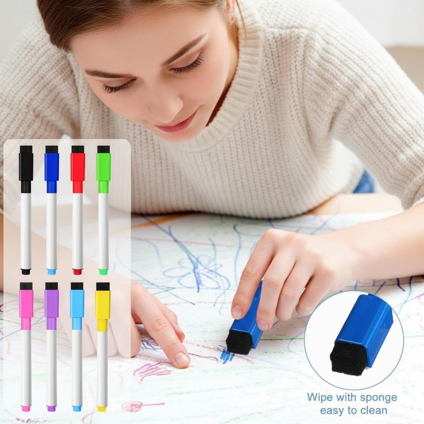 Kosiz 200 Pcs Magnetic Dry Erase Markers Fine Point Tip Whiteboard Markers with Eraser Cap Magnetic Dry Erase Pens Erasable Pens for Whiteboard Dry Boards(Black, Red, Blue, Green)