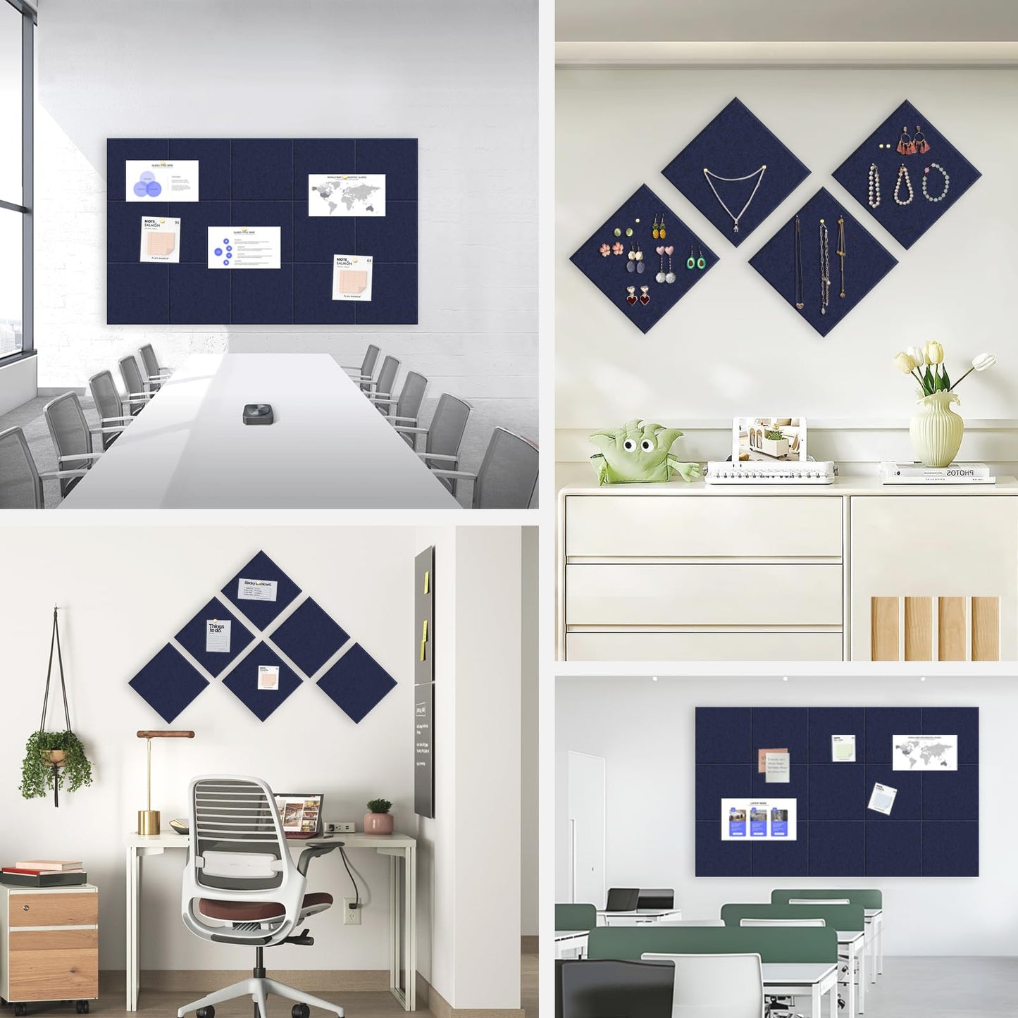 Large Cork Board for Office Wall Decor, 36"x24"- 6 Pack Felt Wall Tiles with Safe Removable Adhesive Tabs, 1/2" Thick, Felt Bulletin Board Pin Board Cork Boards for Walls - Dark Blue