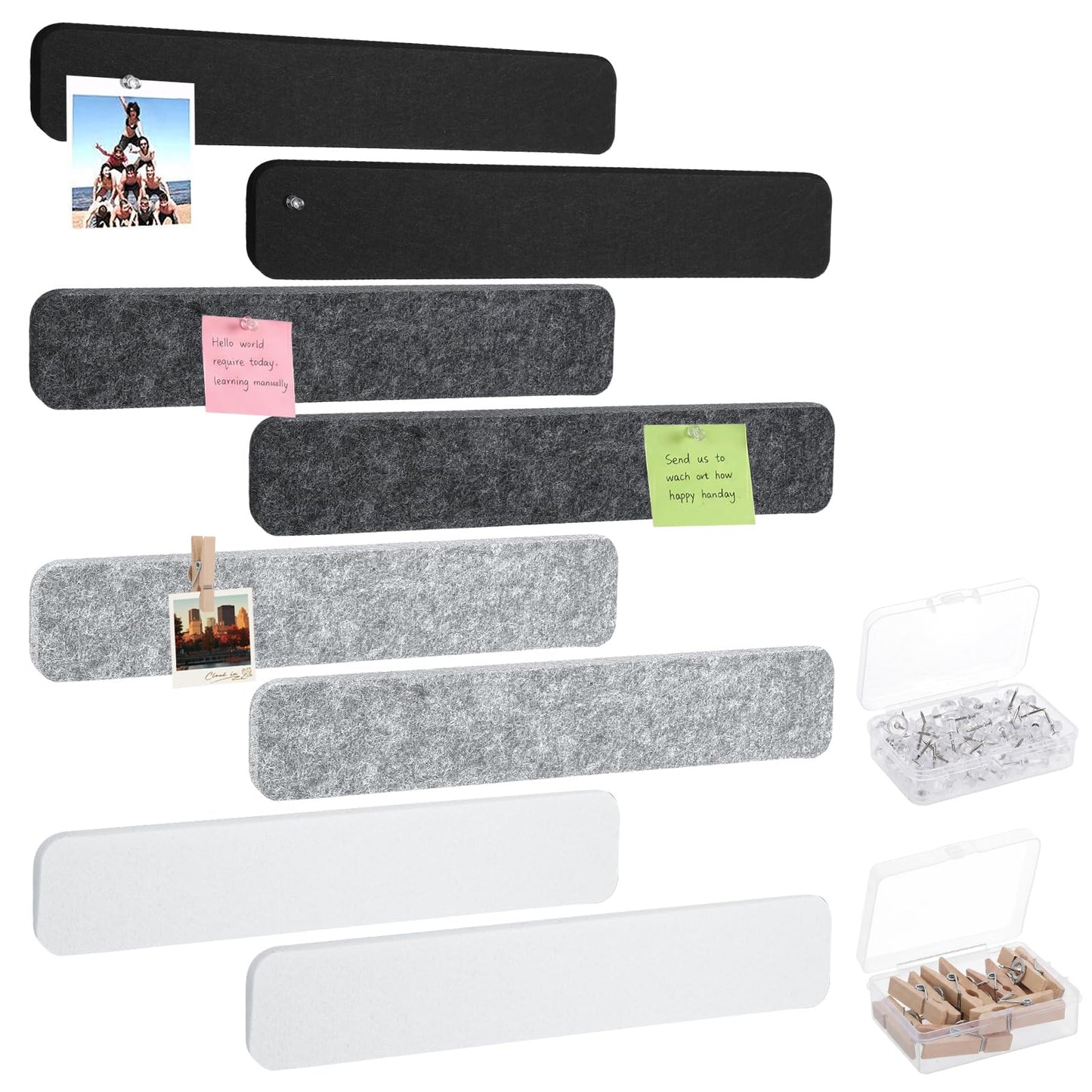 Thboxes 8 Pack Felt Bulletin Board Strips, 13x2 Inch Self Adhesive Felt Pin Boards with 50 Pushpins and 10 Wooden Clips Push Pins, Cork Board for Walls Home Office Decor(Black White Gray)