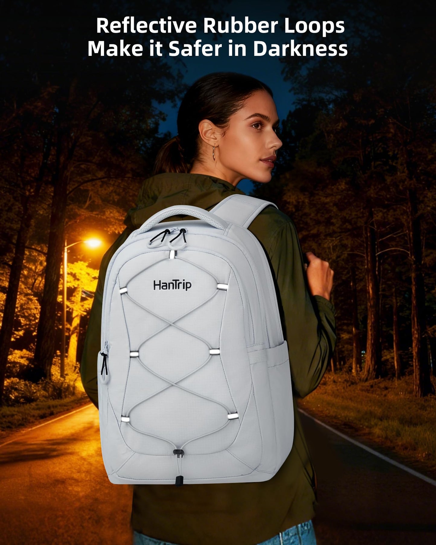 HanTrip Travel Laptop Backpack for Women Men, Large Work Backpack for Commuter College School Book Bags, Reflective Water Resistant Backpack with Luggage Strap Bottle Pocket Chest Strap, Glacier White
