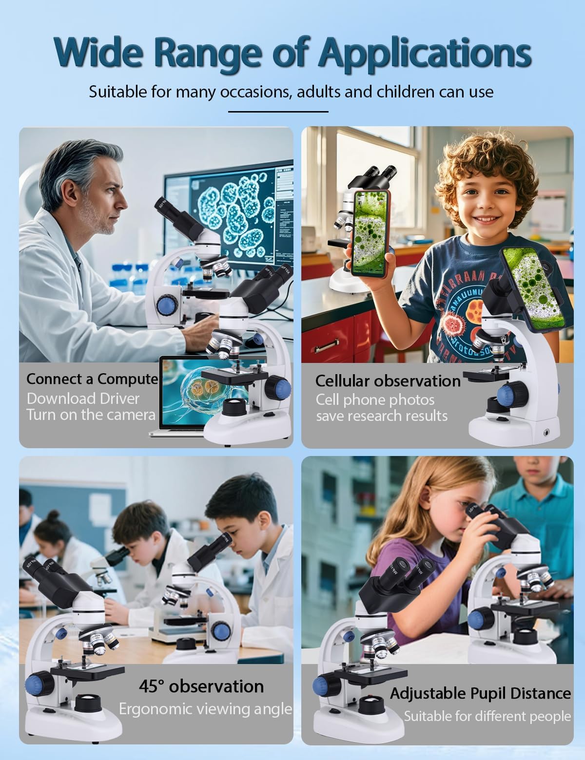 Woehrsh Microscope for Adults WF10x and WF25x eyepieces, 40X-2000X Magnification USB Camera, Microscope for Adults Suitable for Laboratory School Home Education(White Microscope)