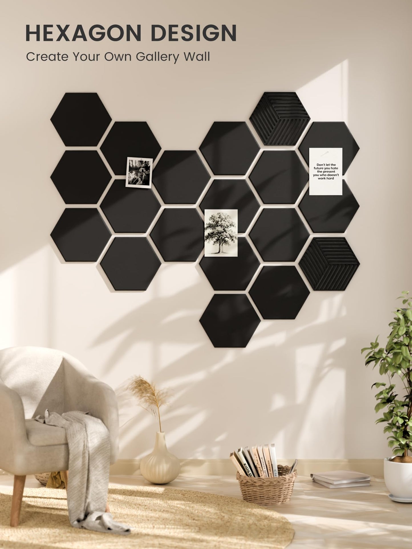 Fluxynara Hexagon Cork Board Alternative for Walls Decor-10-Pack Felt Bulletin Board Tiles,with 30 Pushpins,50 Adhesive Tabs for Office,Classrooms & Home Pin Board Felt Board-Black