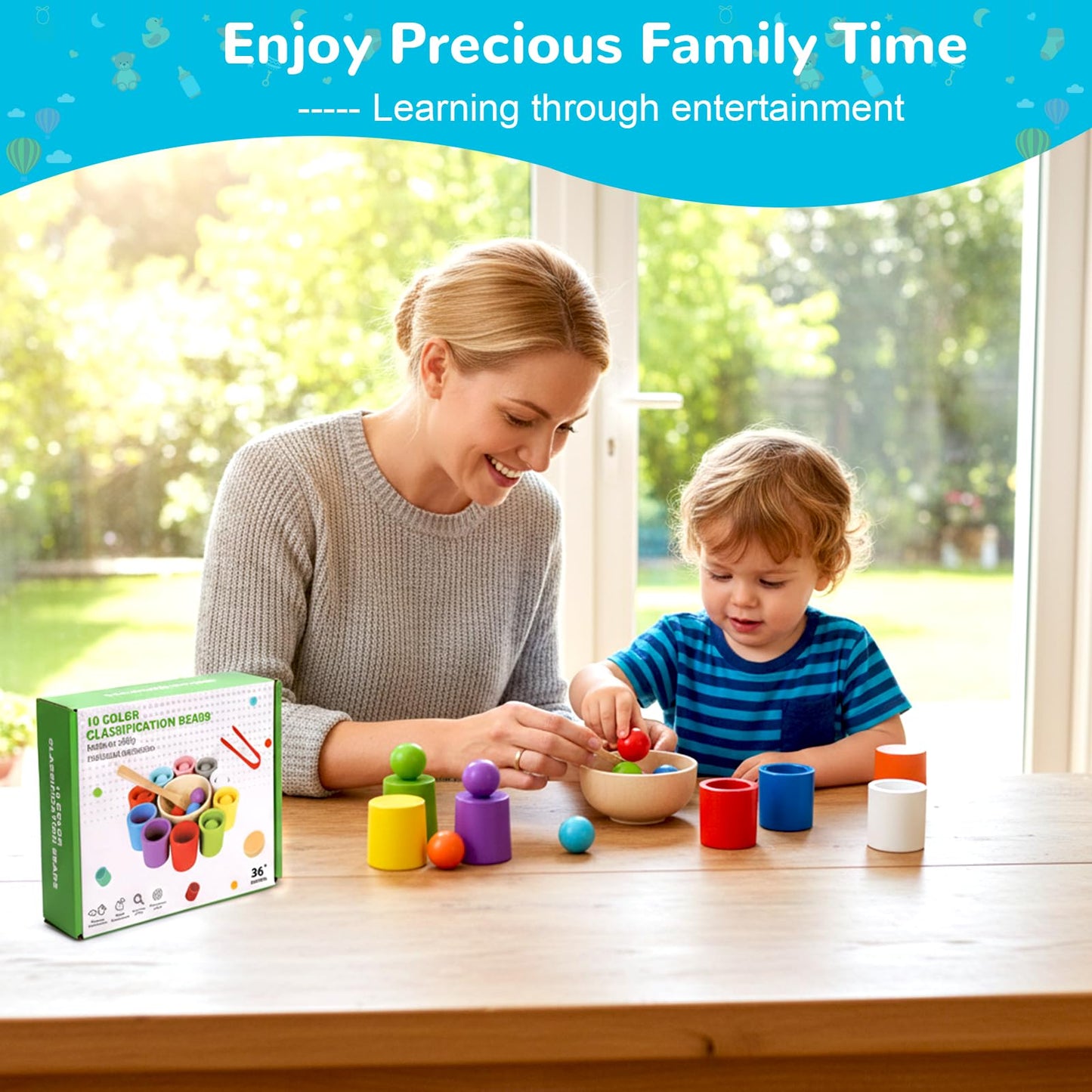 ASFHJP 10 PCS Rainbow Balls in Cups, Mini Wood Classification Cup Game, Rainbow Sorting Balls with Spoon and Tongs, Preschool Learning Educational Montessori Matching Games for 3+ Year Old