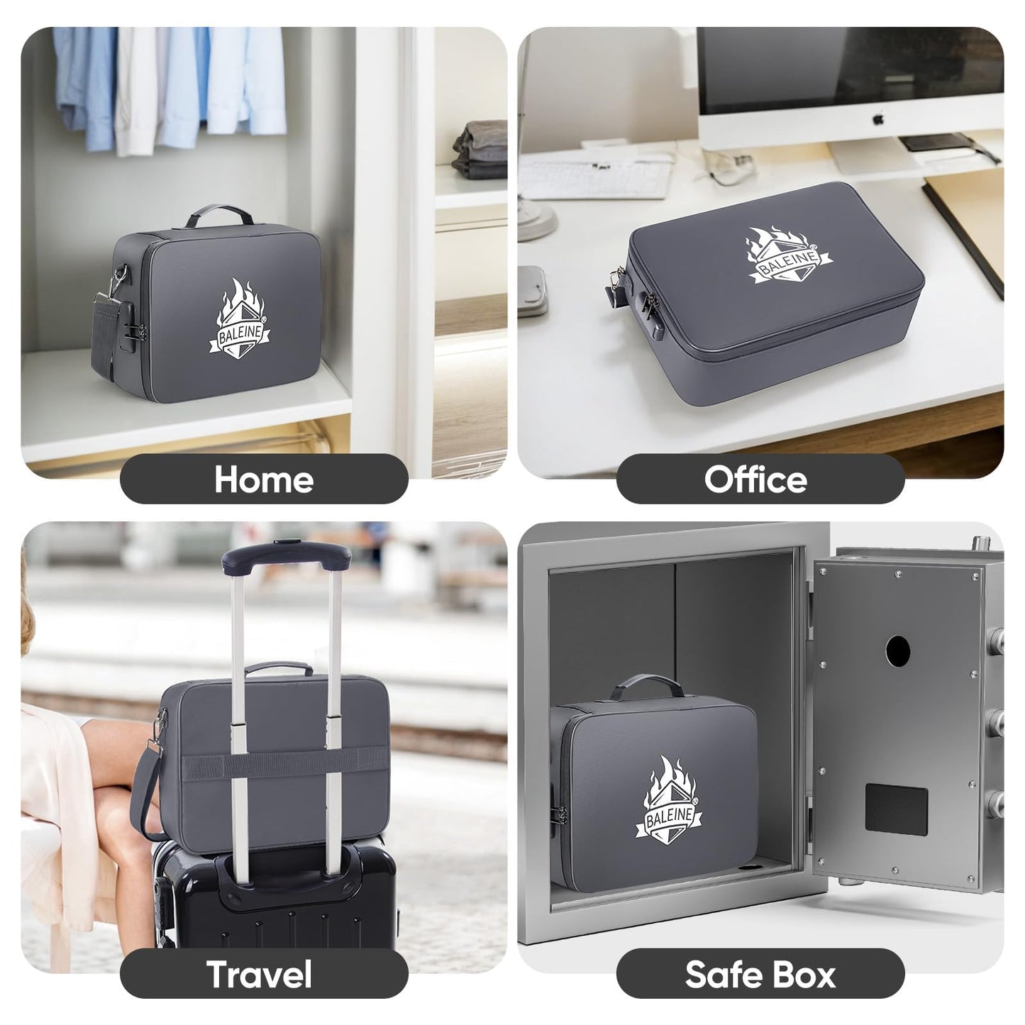 BALEINE Fireproof Document Box with Lock, Portable Fireproof Document Bag Waterproof Fire Proof File Boxes for Documents, File Organizer Box for Important Paperwork (Gray, 15''x11''x4'')